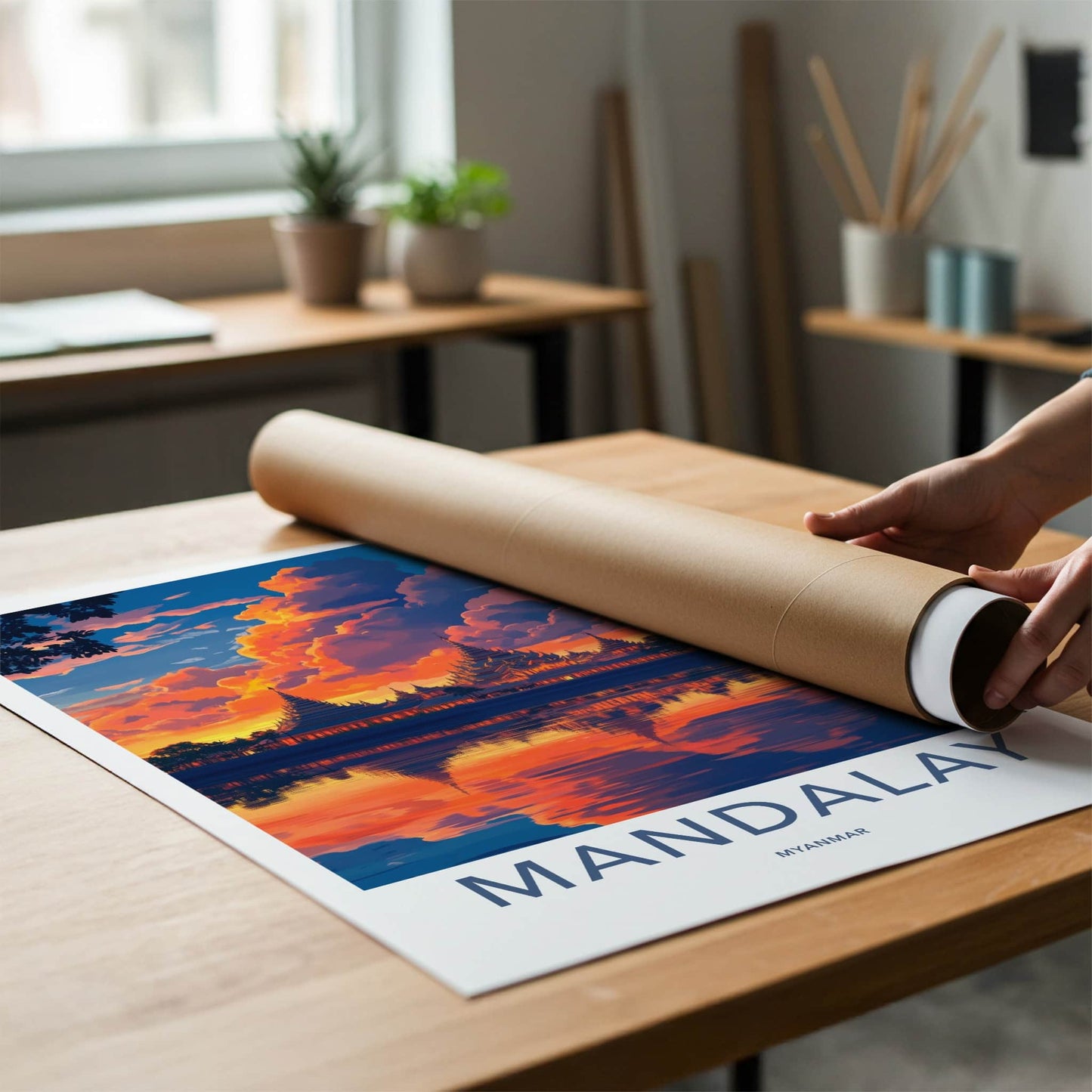 Mandalay Poster - Myanmar Travel Art - Golden Pagoda Reflection Home Decor