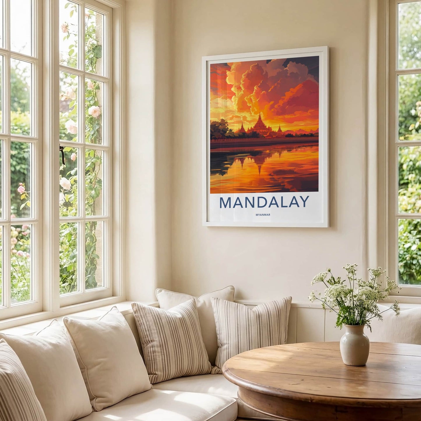 Mandalay Poster - Myanmar Travel Art - Golden Temple Sunset Wall Decor