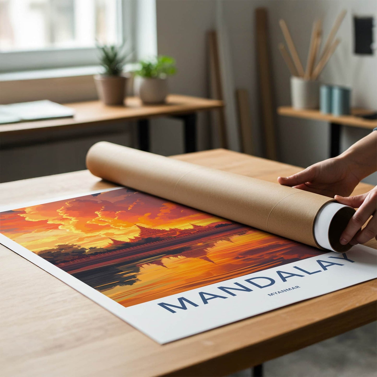 Mandalay Poster - Myanmar Travel Art - Golden Temple Sunset Wall Decor