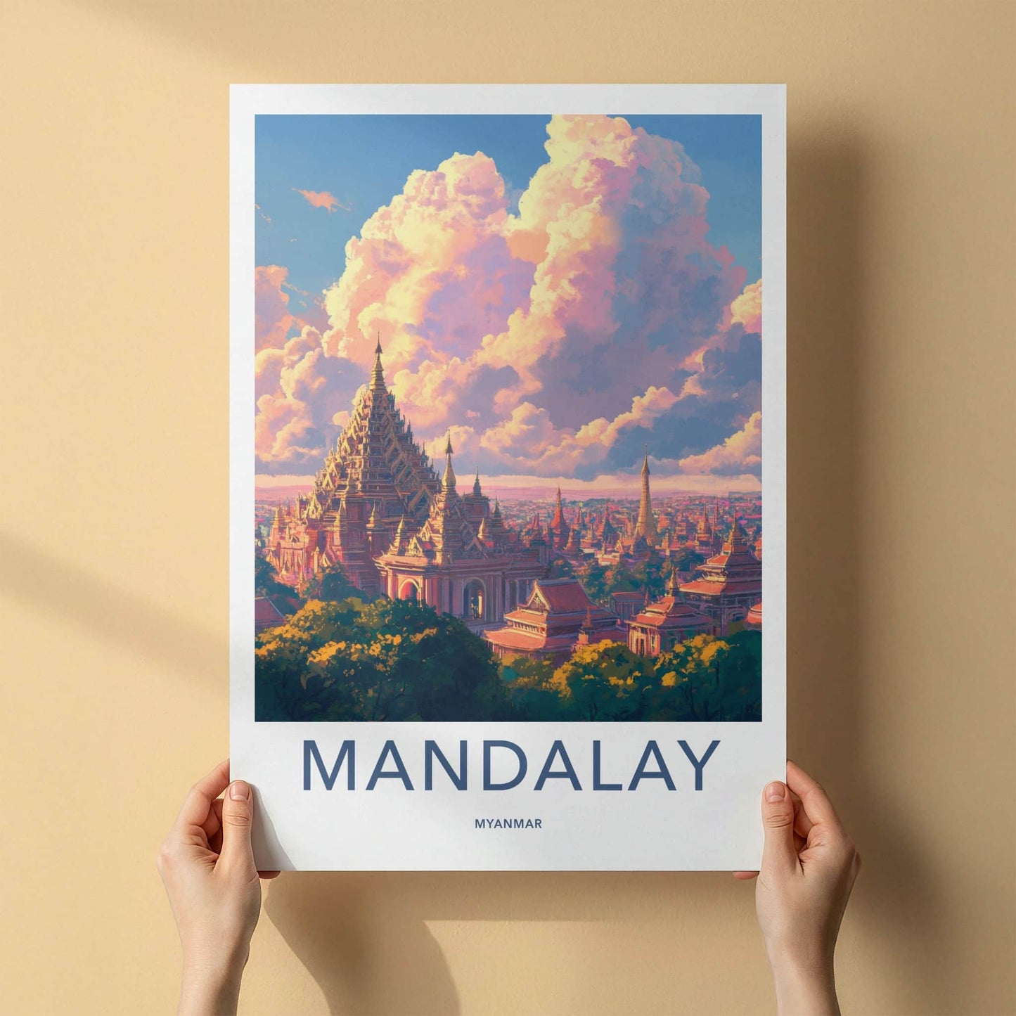 Mandalay Poster - Myanmar Travel Art - Ornate Pagoda Sunset Home Decor