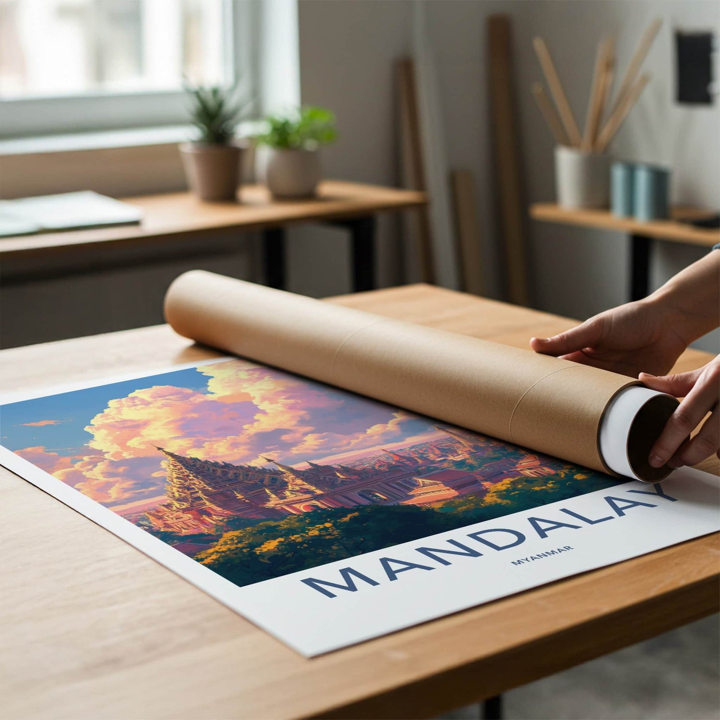 Mandalay Poster - Myanmar Travel Art - Ornate Pagoda Sunset Home Decor