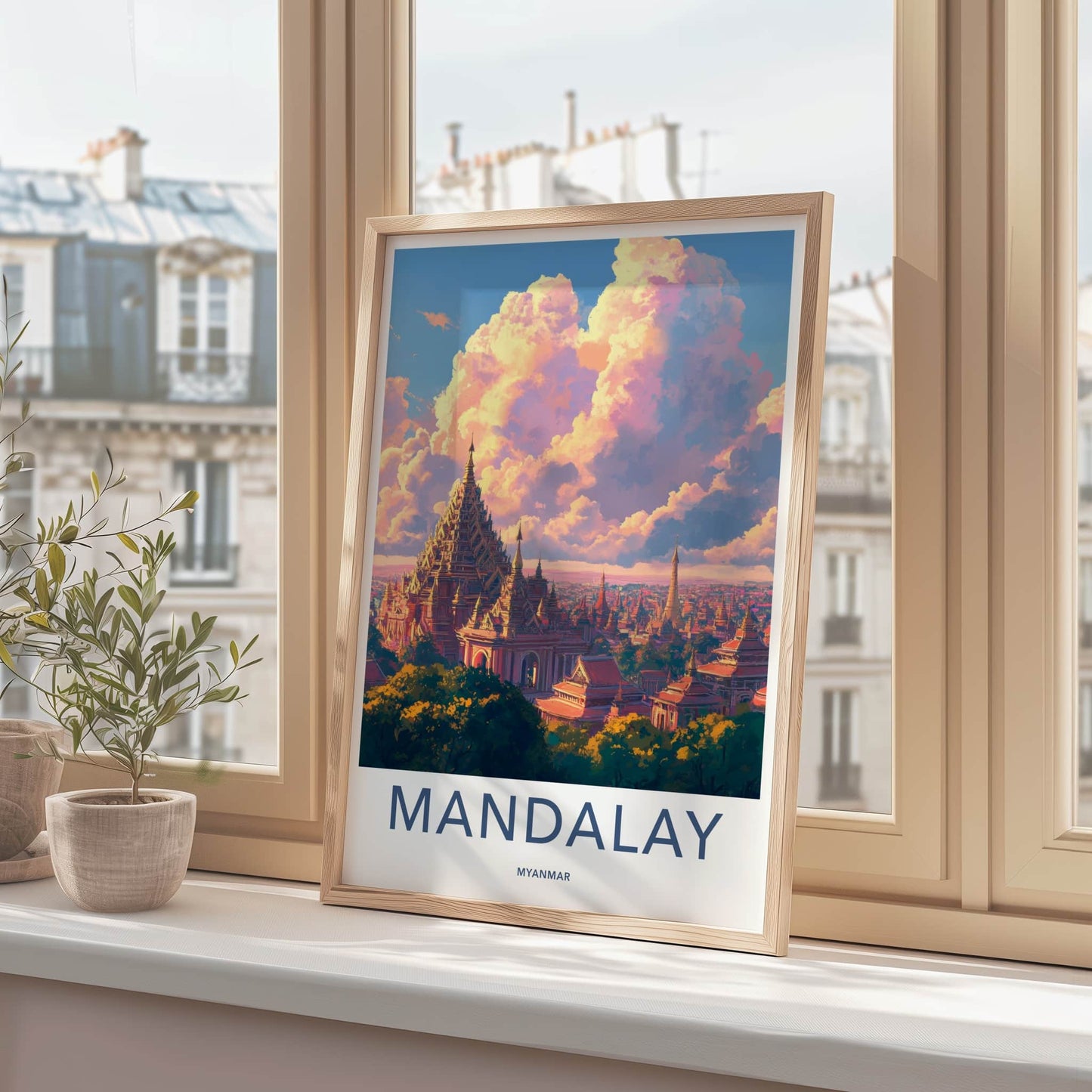Mandalay Poster - Myanmar Travel Art - Ornate Pagoda Sunset Home Decor