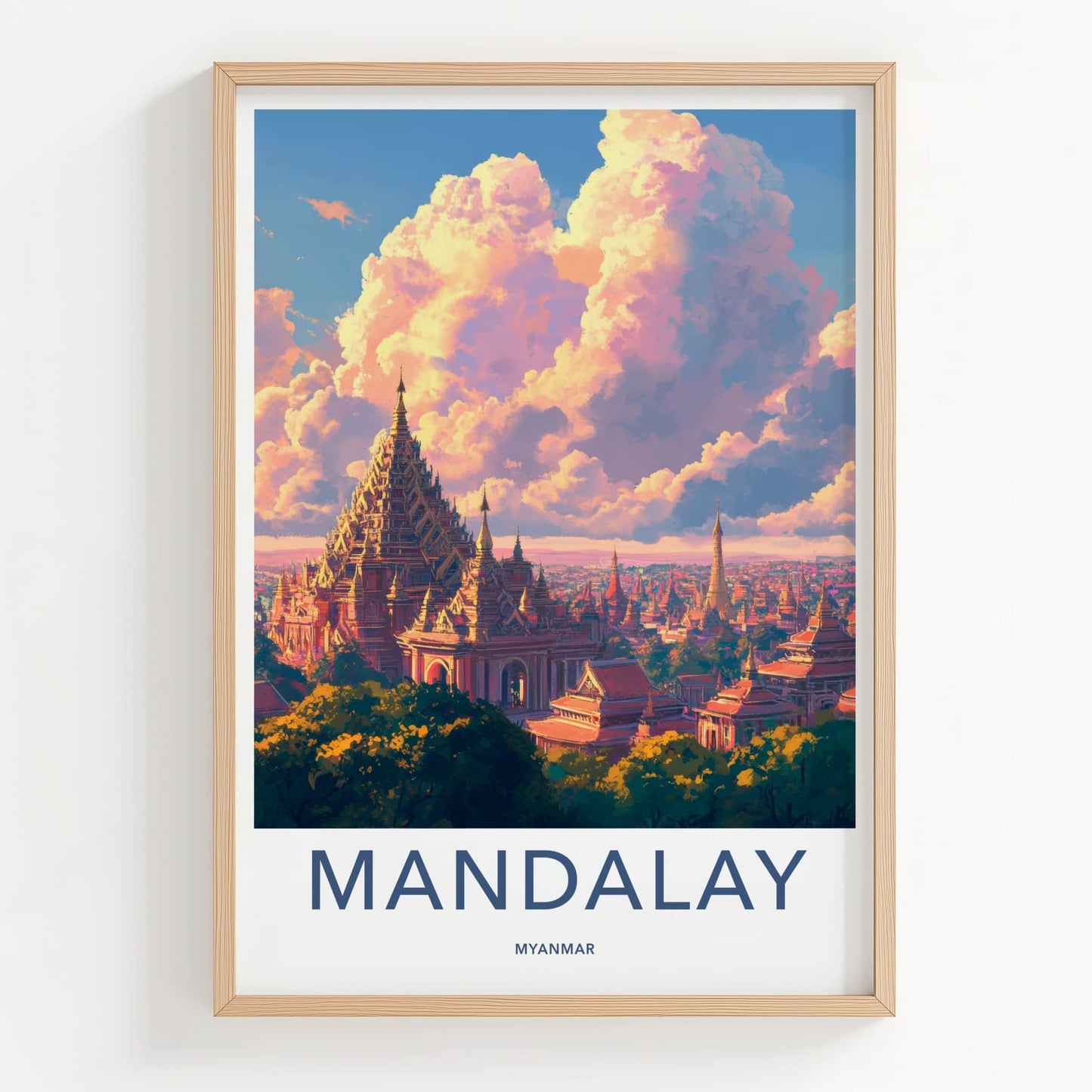 Mandalay Poster - Myanmar Travel Art - Ornate Pagoda Sunset Home Decor