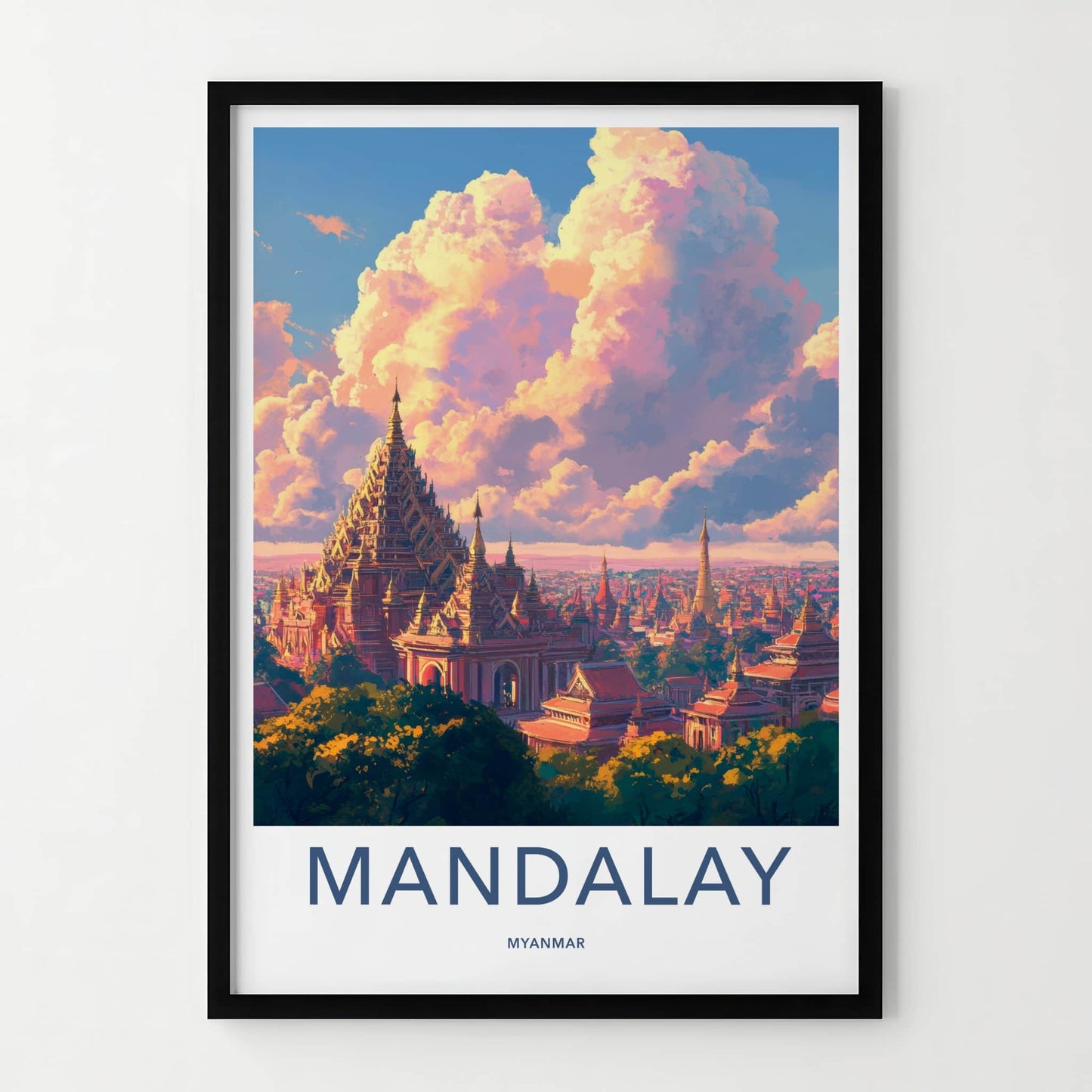 Mandalay Poster - Myanmar Travel Art - Ornate Pagoda Sunset Home Decor