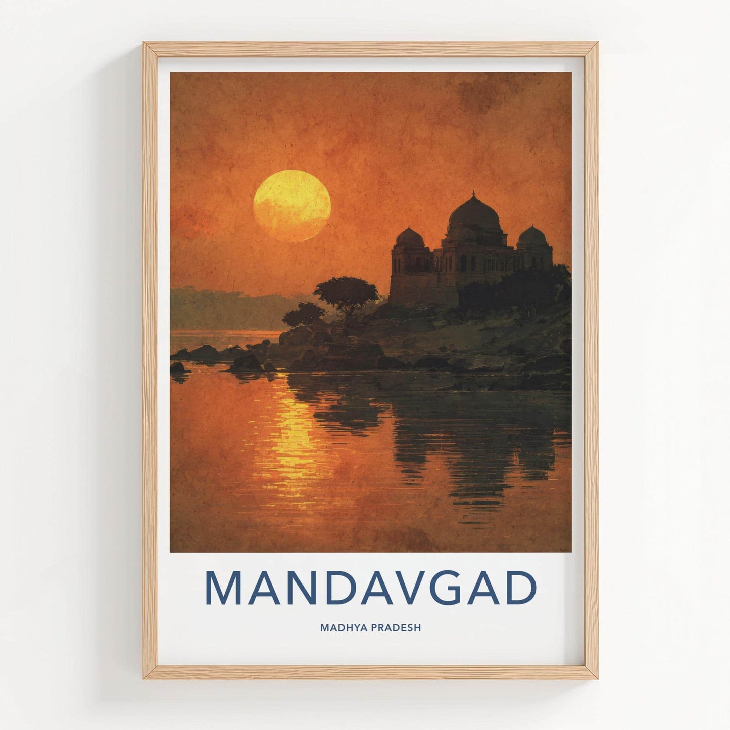 Mandavgad Poster - India Travel Art - Madhya Pradesh Temple Lake Sunset Home Decor