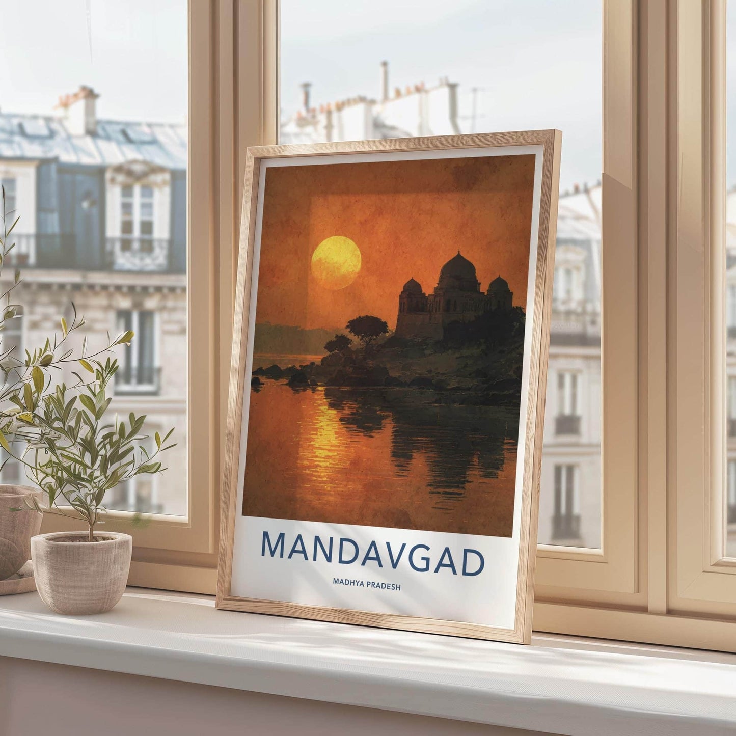 Mandavgad Poster - India Travel Art - Madhya Pradesh Temple Lake Sunset Home Decor