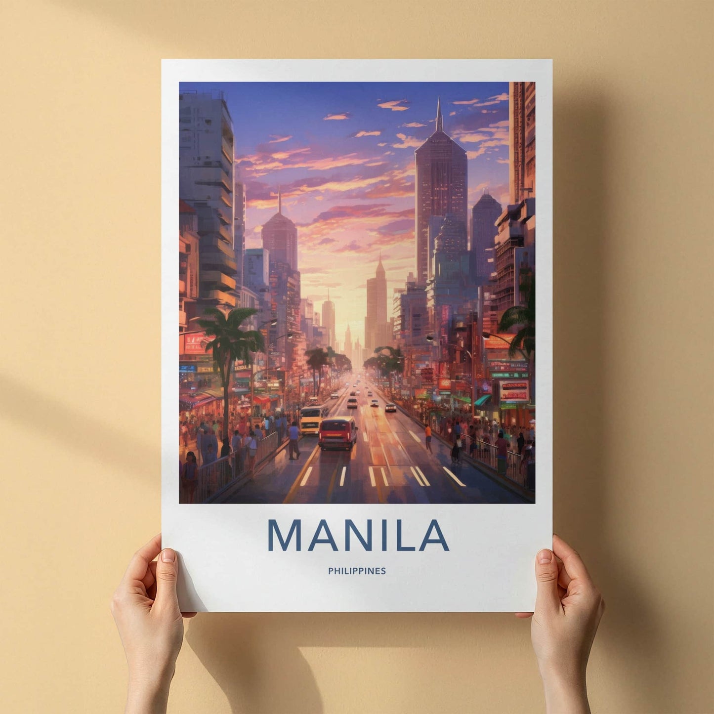 Manila Poster - Philippines Travel Art - Vibrant Street Dusk Wall Decor
