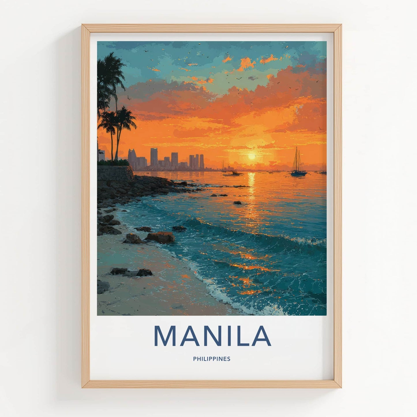 Manila Poster - Philippines Travel Print - Sunset Ocean Waves Framed Art