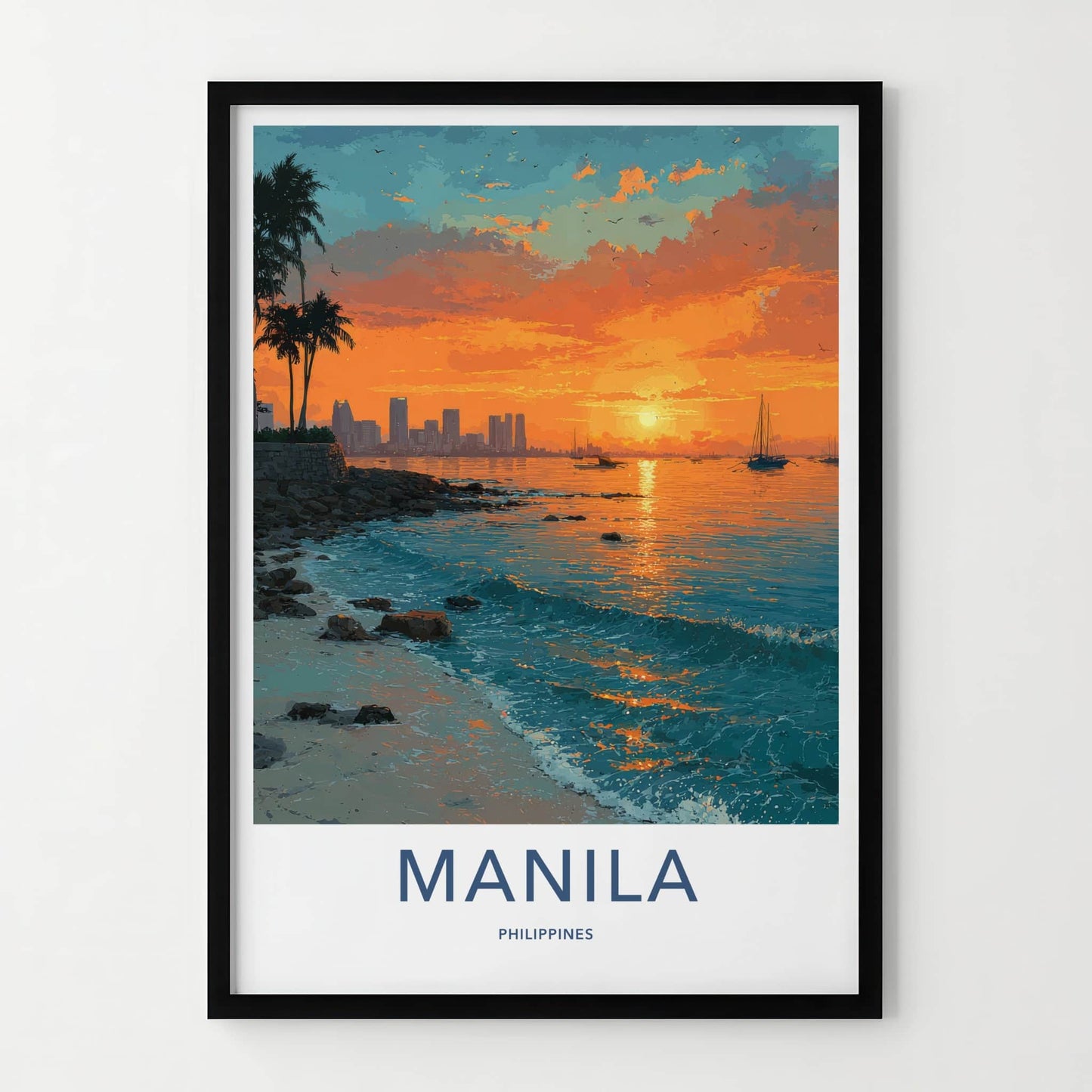 Manila Poster - Philippines Travel Print - Sunset Ocean Waves Framed Art