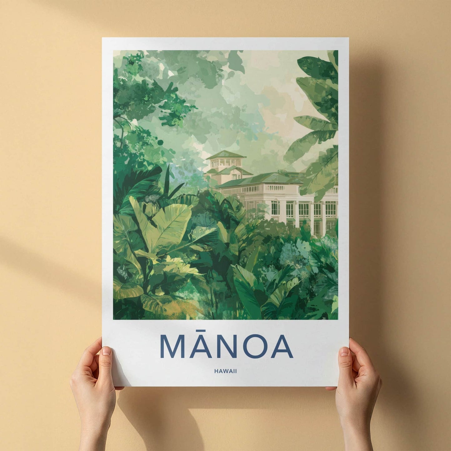 Manoa Poster - Hawaii Travel Art - Lush Foliage Building Framed Decor
