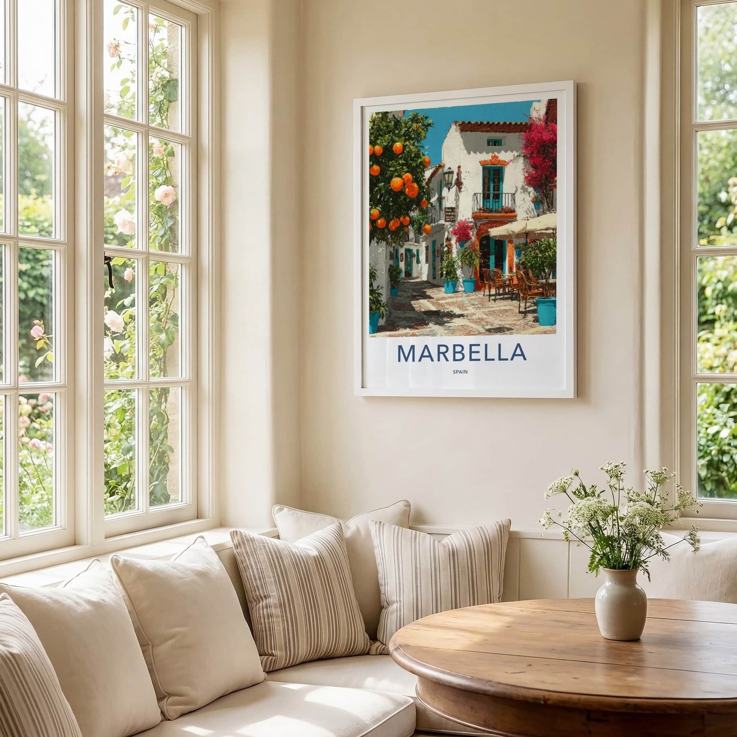Marbella Poster - Spain Travel Art - Orange Trees Balcony Wall Decor