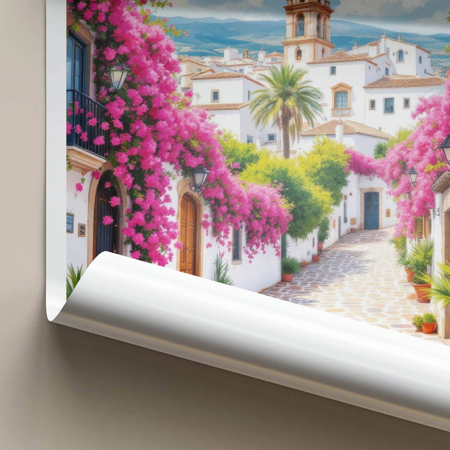Marbella Poster - Spain Travel Art - Pink Flower Alley Wall Decor