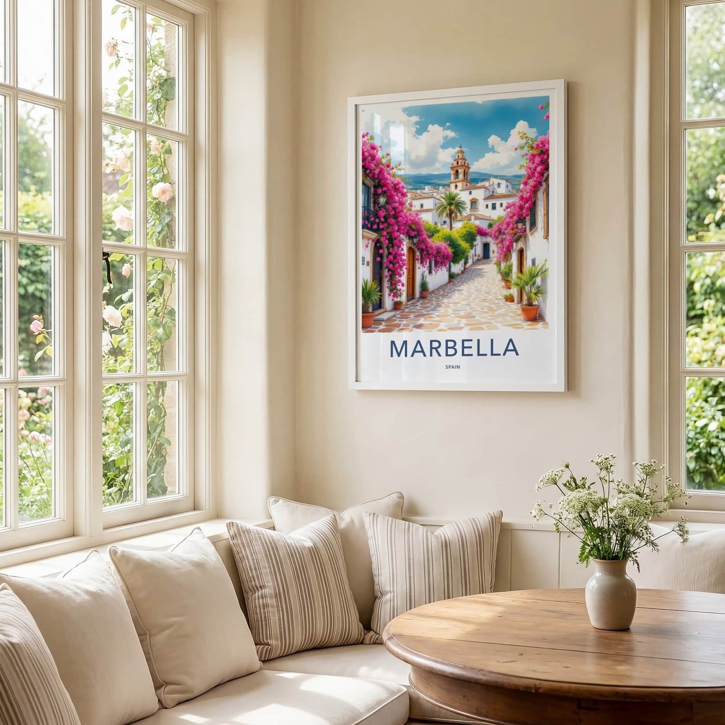 Marbella Poster - Spain Travel Art - Pink Flower Alley Wall Decor