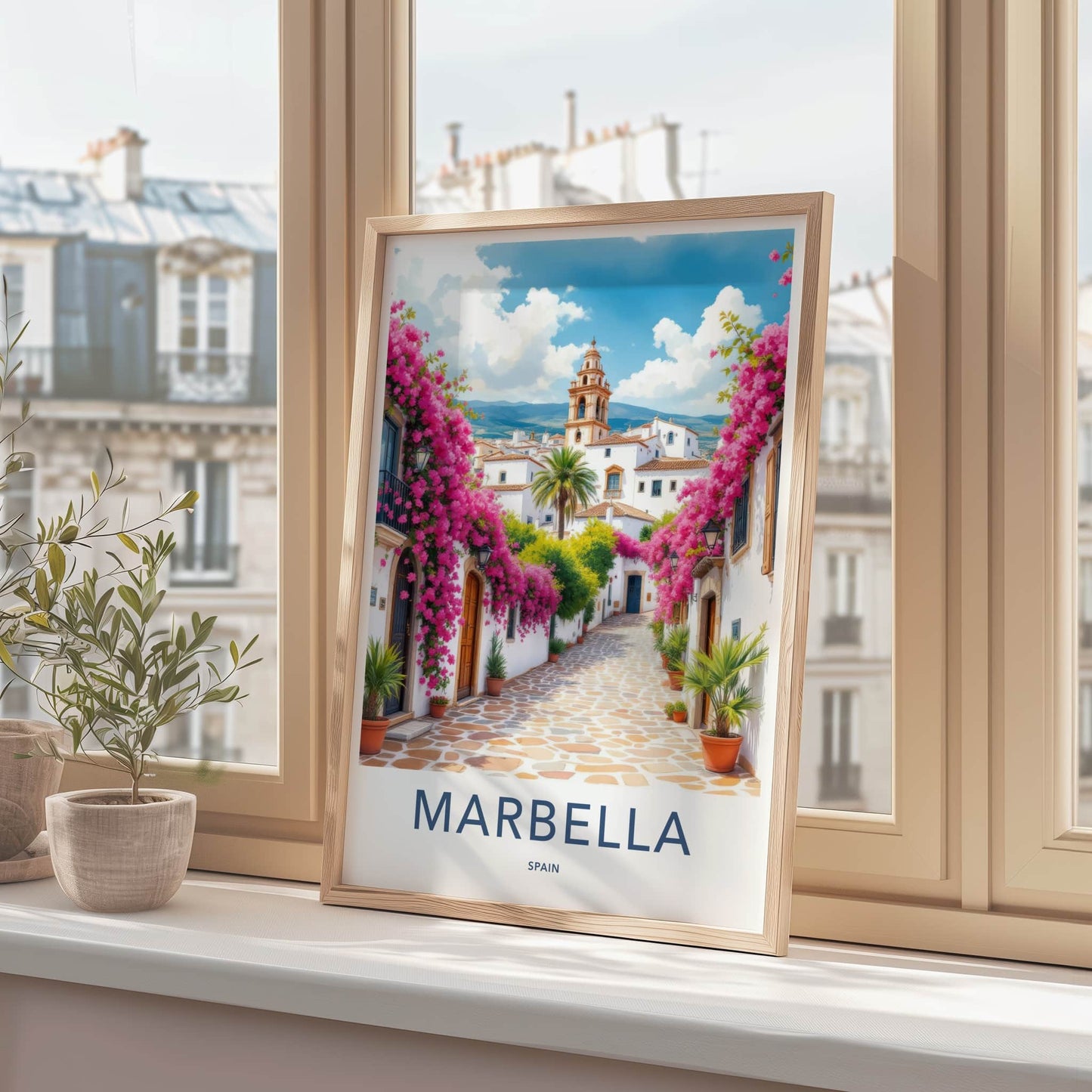 Marbella Poster - Spain Travel Art - Pink Flower Alley Wall Decor