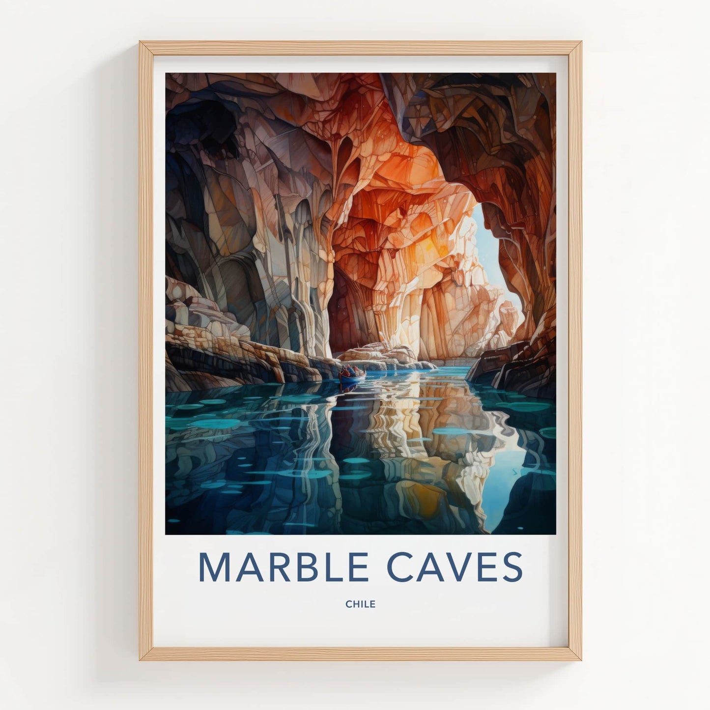 Marble Caves Poster - Chile Travel Art - Boat Blue Water Home Decor