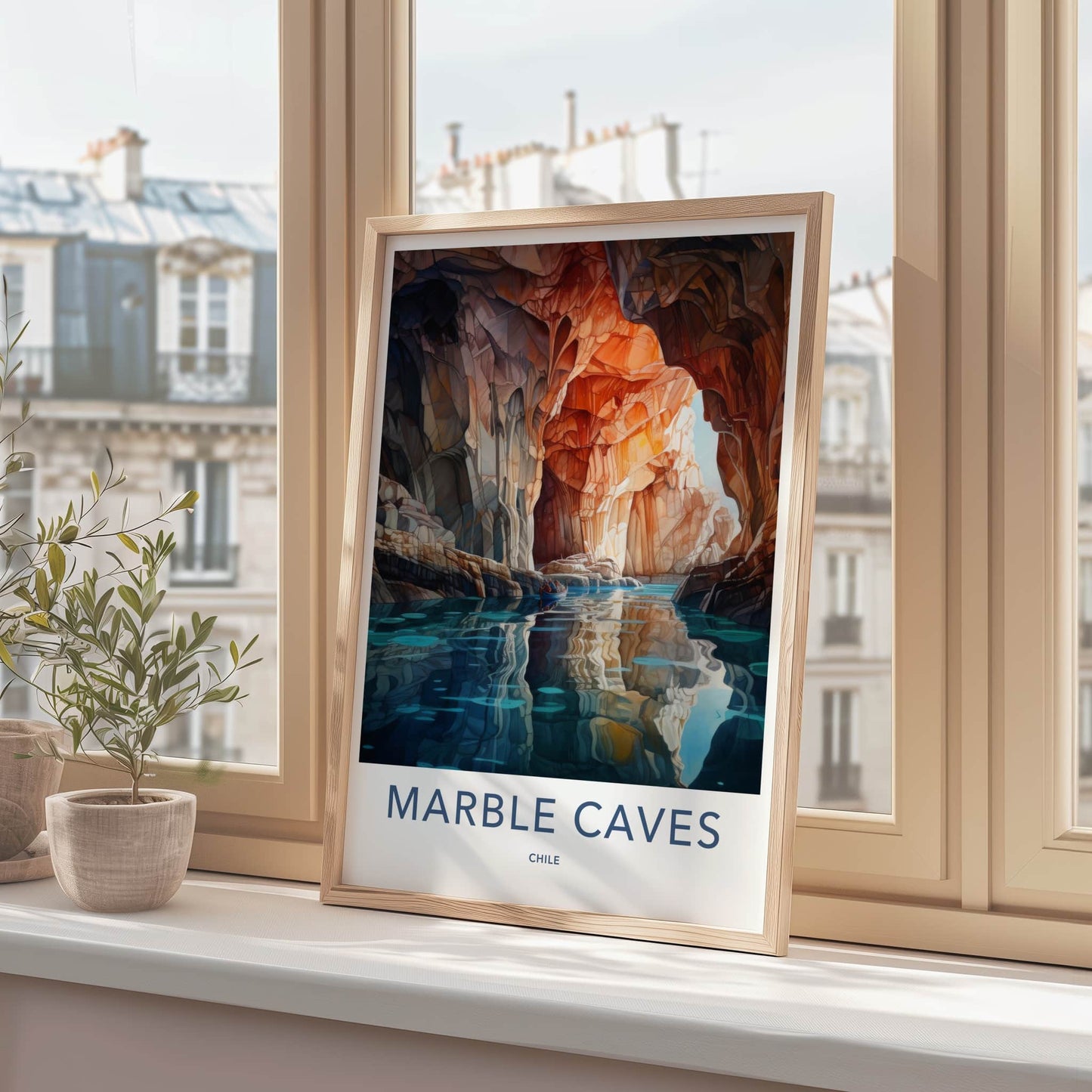 Marble Caves Poster - Chile Travel Art - Boat Blue Water Home Decor