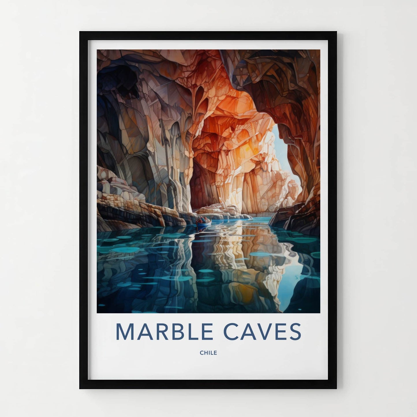 Marble Caves Poster - Chile Travel Art - Boat Blue Water Home Decor
