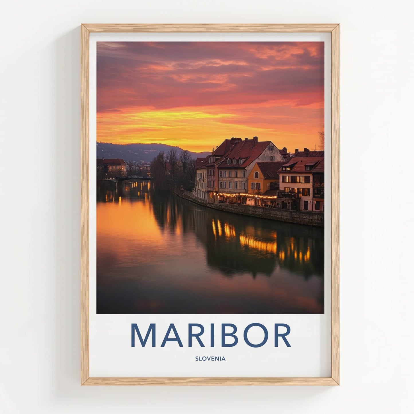 Maribor Poster - Slovenia Travel Art - Riverside Sunset Glow Wall Decor