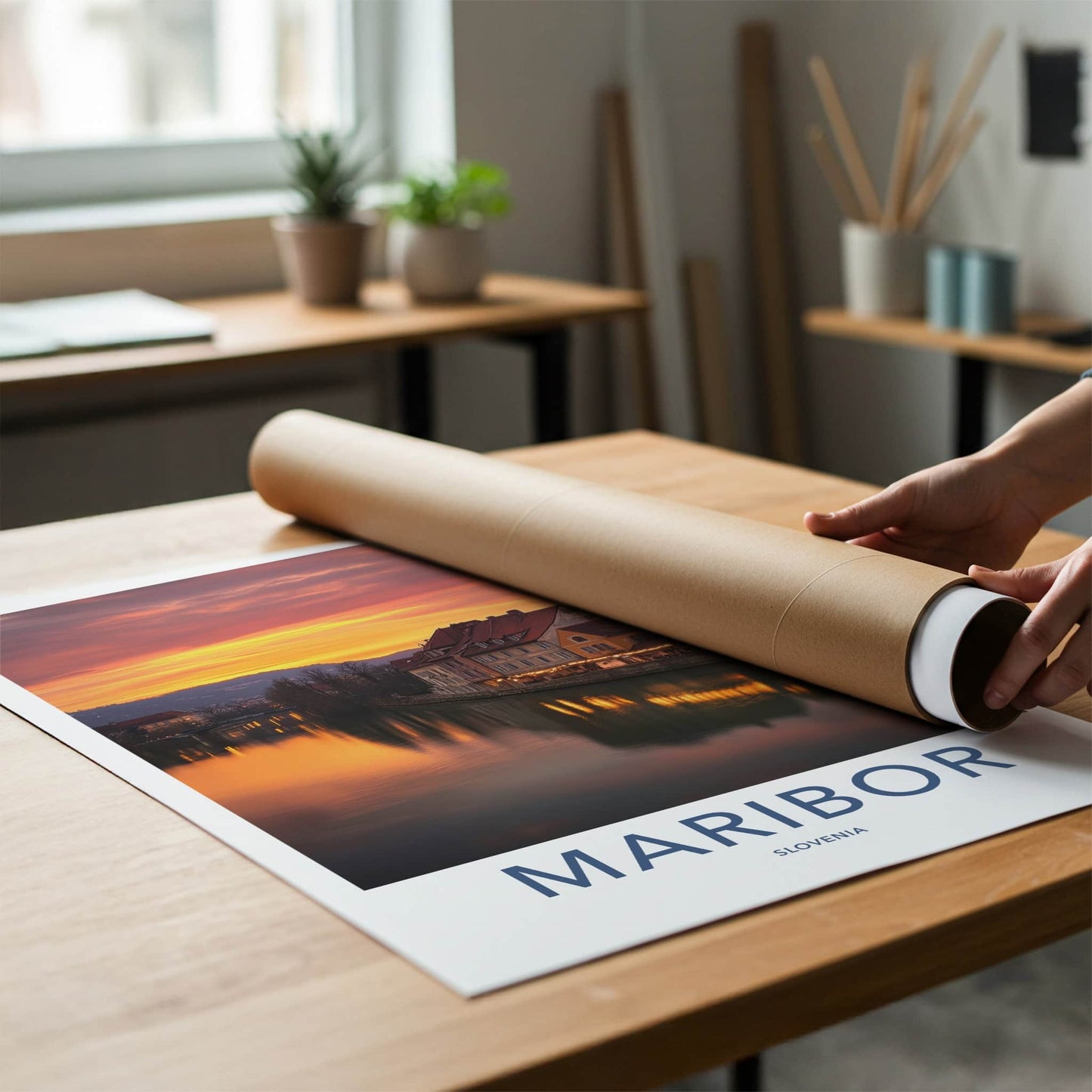 Maribor Poster - Slovenia Travel Art - Riverside Sunset Glow Wall Decor