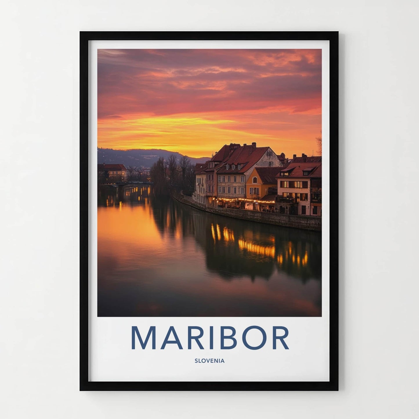 Maribor Poster - Slovenia Travel Art - Riverside Sunset Glow Wall Decor