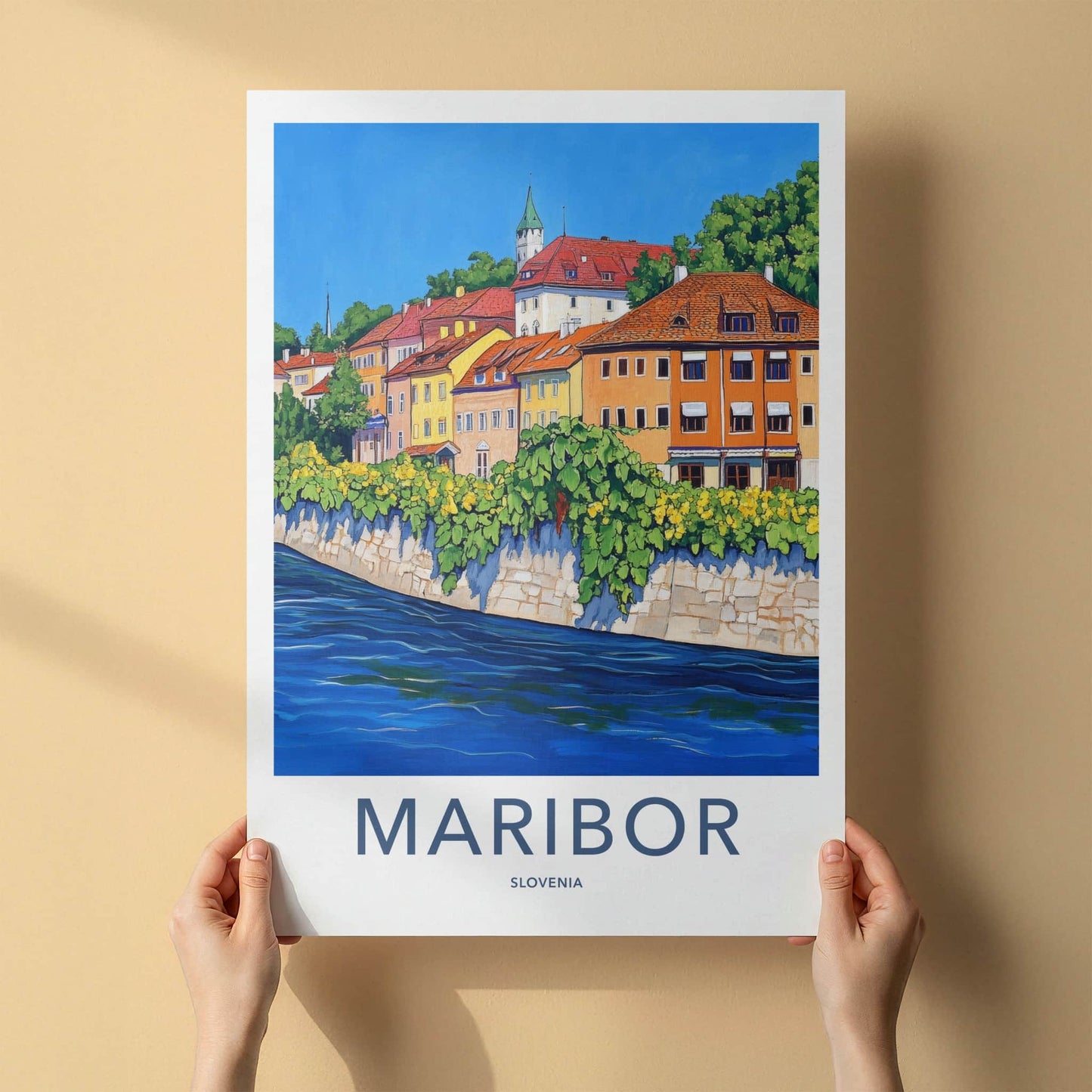 Maribor Poster - Slovenia Travel Art - Vibrant Riverside Town Home Decor