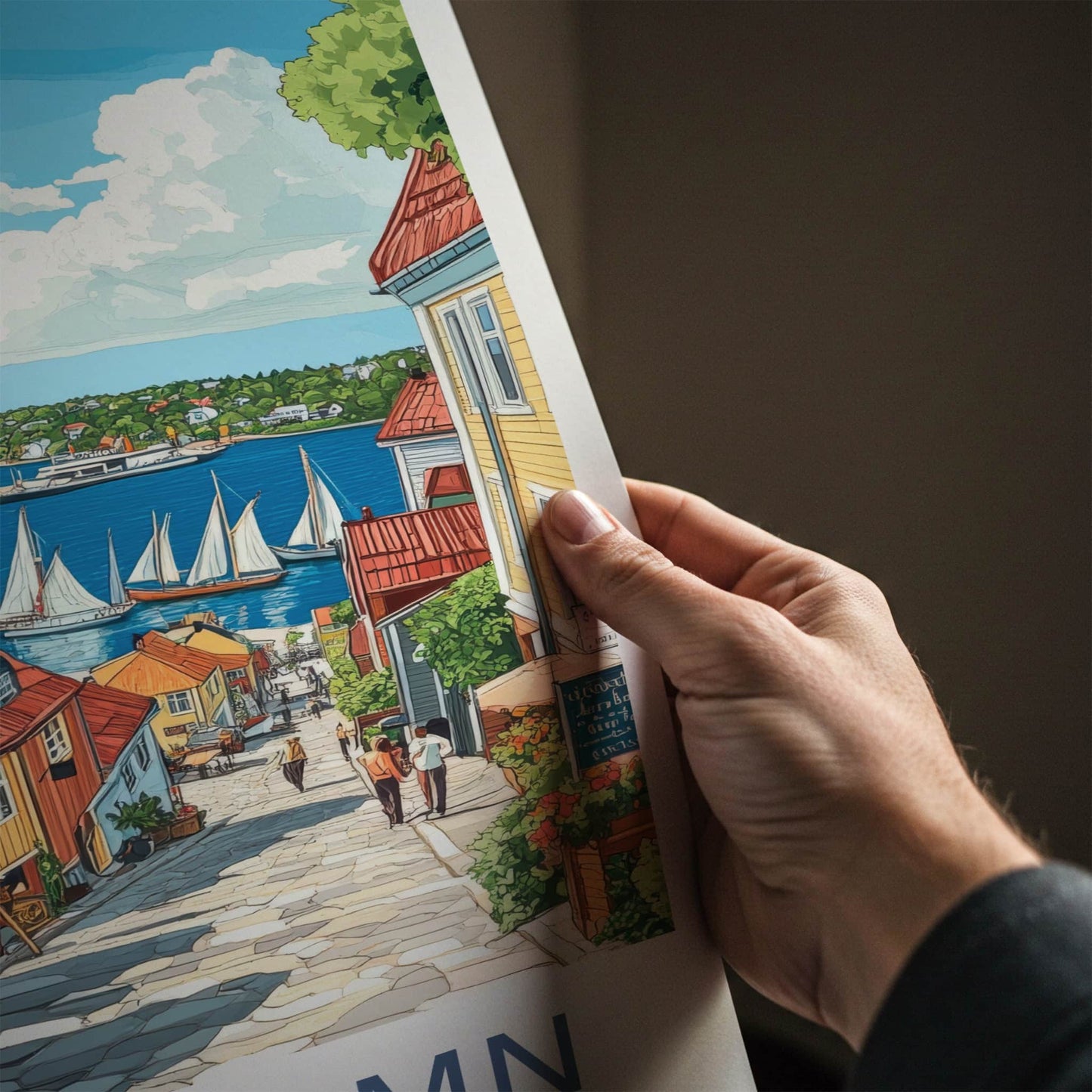 Mariehamn Poster - Aland Islands Travel Art - Colorful waterfront street Home Decor