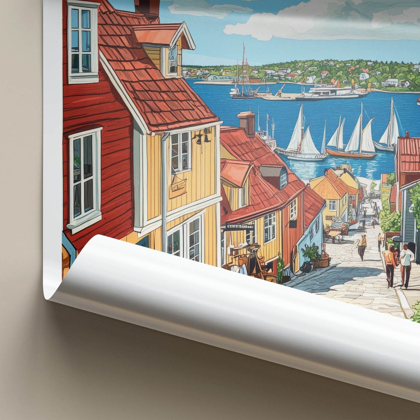 Mariehamn Poster - Aland Islands Travel Art - Colorful waterfront street Home Decor