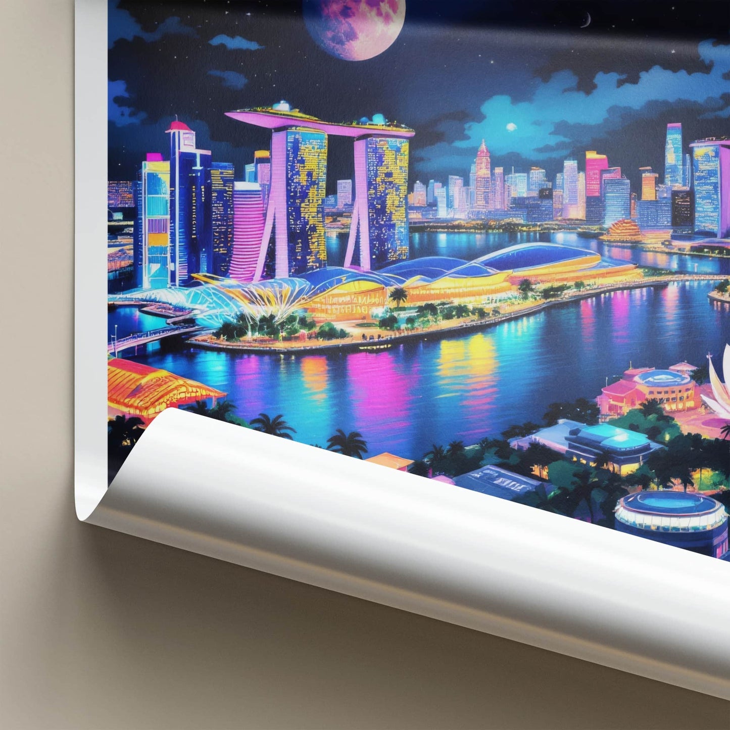 Marina Bay Poster - Singapore Travel Art - Vibrant Skyline Moon Home Decor