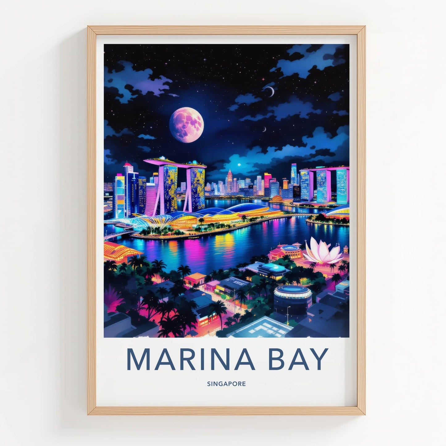 Marina Bay Poster - Singapore Travel Art - Vibrant Skyline Moon Home Decor