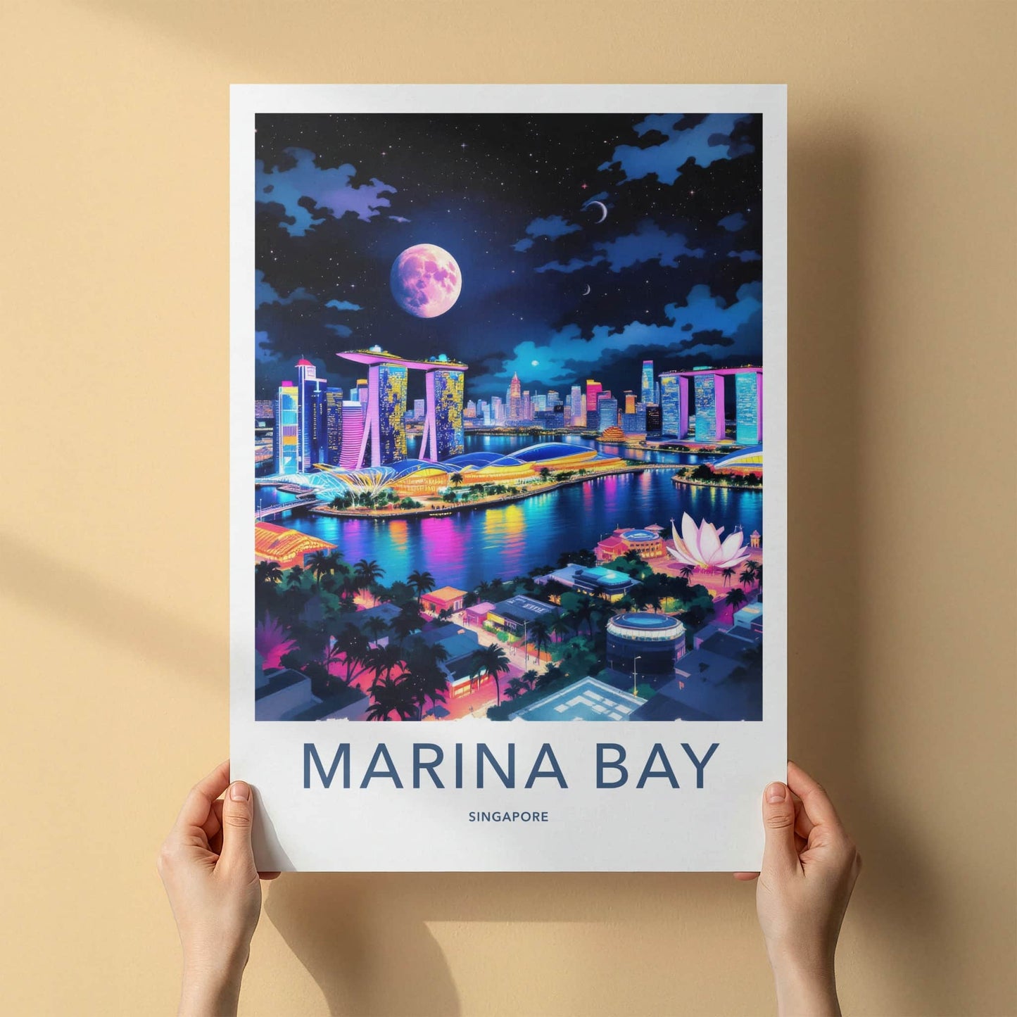 Marina Bay Poster - Singapore Travel Art - Vibrant Skyline Moon Home Decor