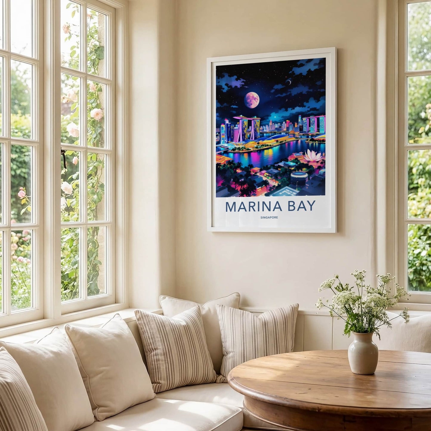 Marina Bay Poster - Singapore Travel Art - Vibrant Skyline Moon Home Decor