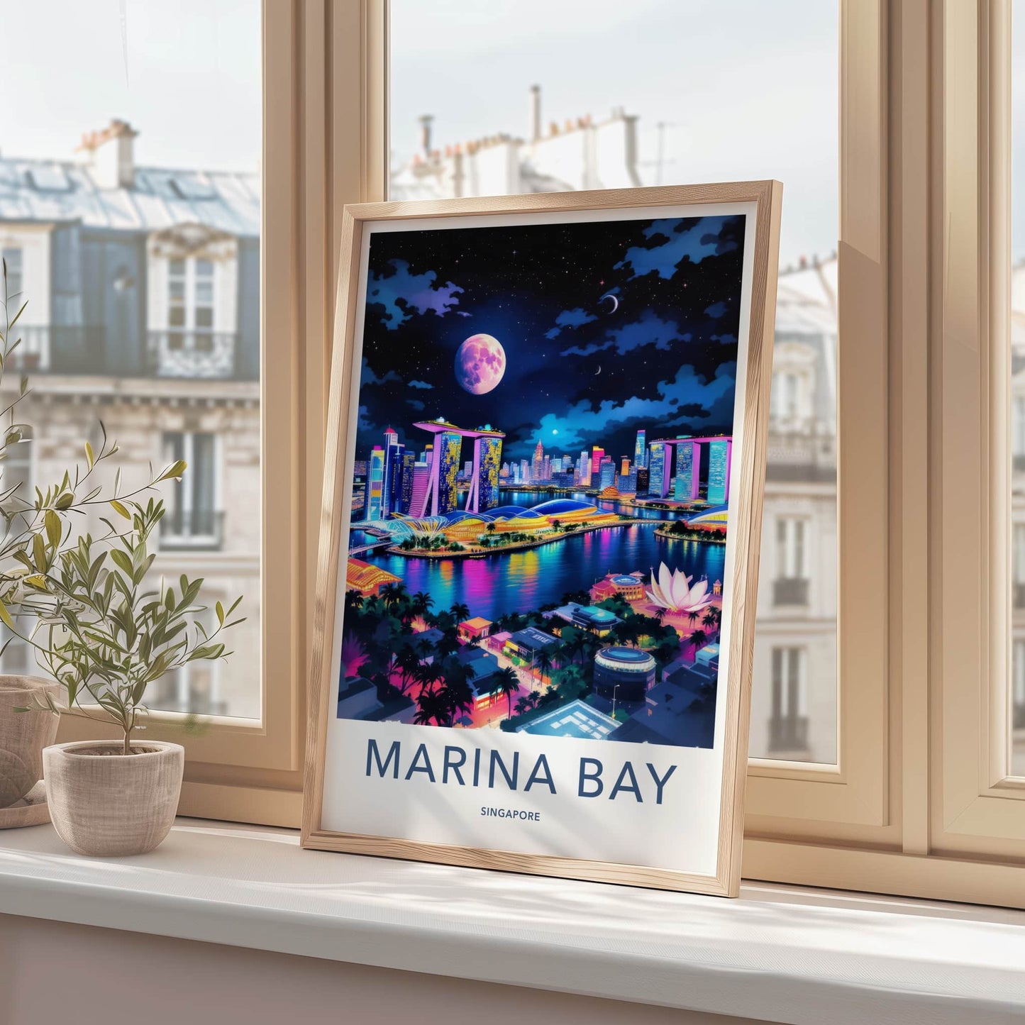 Marina Bay Poster - Singapore Travel Art - Vibrant Skyline Moon Home Decor