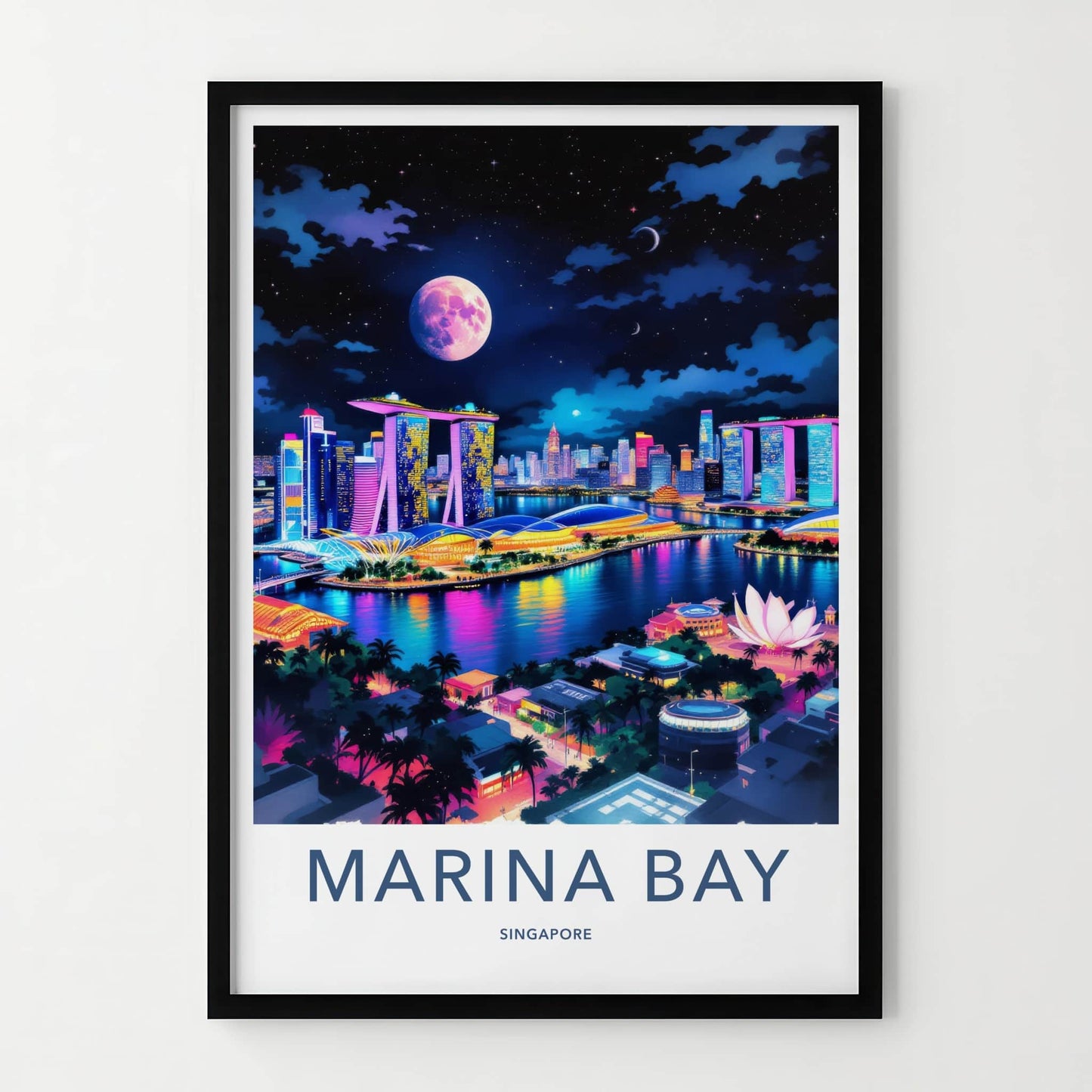 Marina Bay Poster - Singapore Travel Art - Vibrant Skyline Moon Home Decor