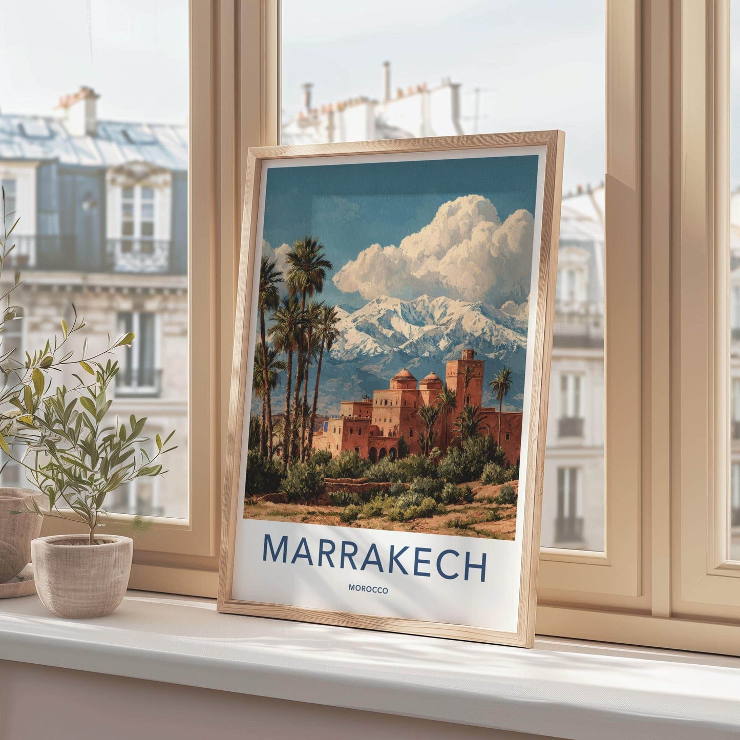 Marrakech Poster - Morocco Travel Art - Palm Oasis Mountains Home Decor