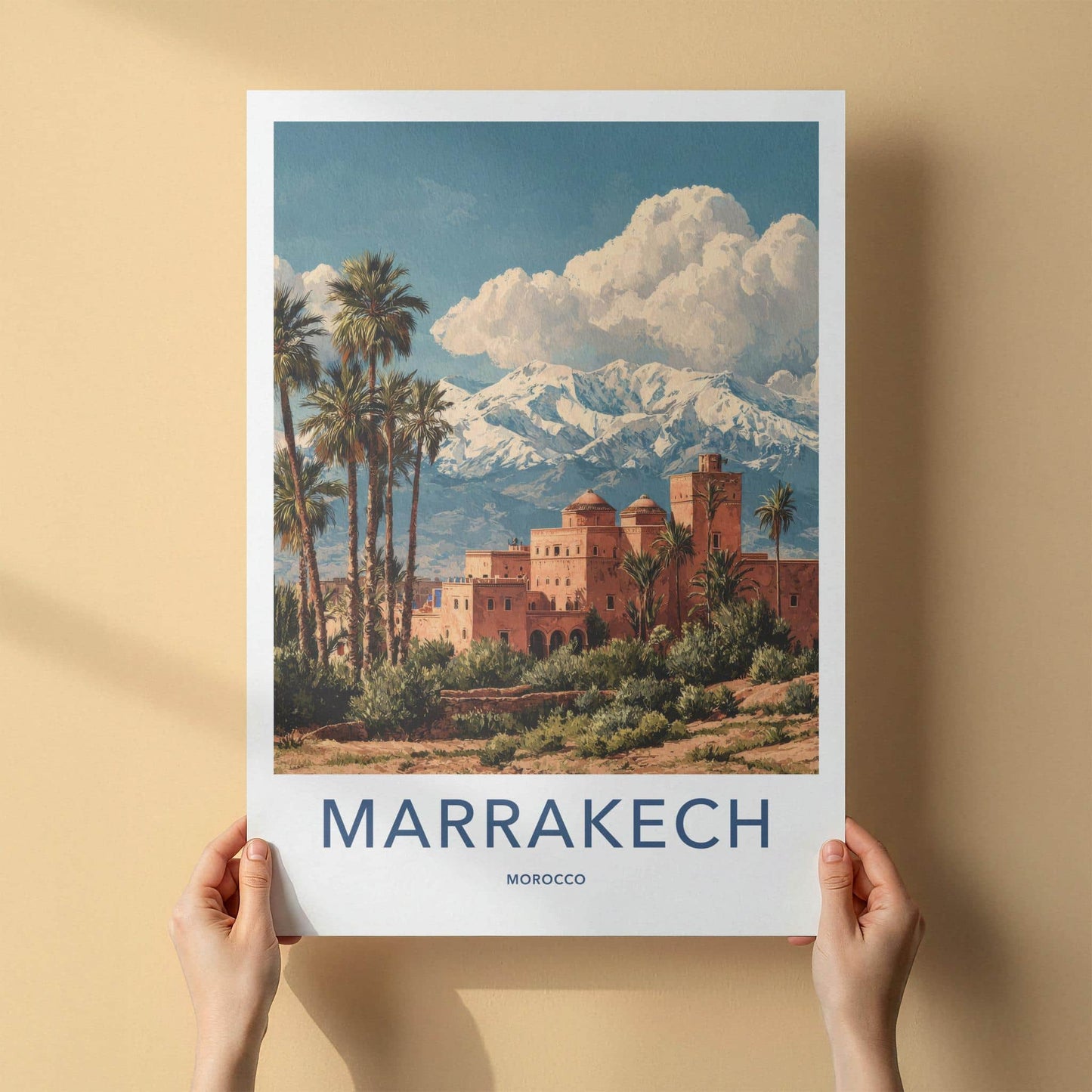 Marrakech Poster - Morocco Travel Art - Palm Oasis Mountains Home Decor