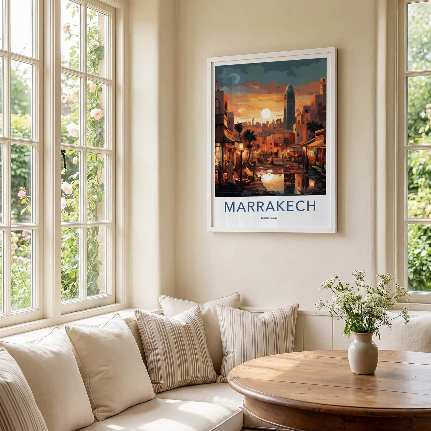Marrakech Poster - Morocco Travel Art - Vibrant Market Sunset Home Decor