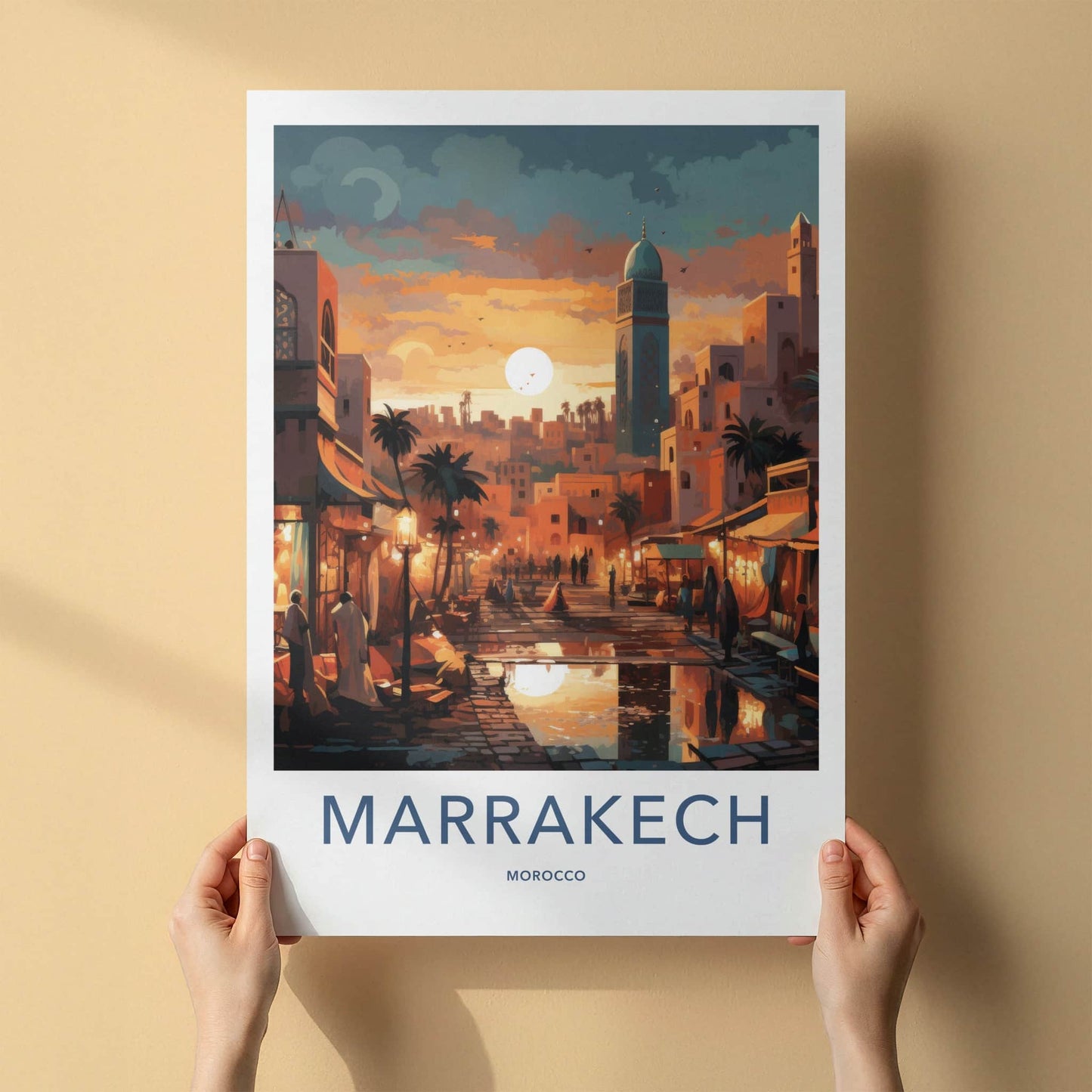 Marrakech Poster - Morocco Travel Art - Vibrant Market Sunset Home Decor