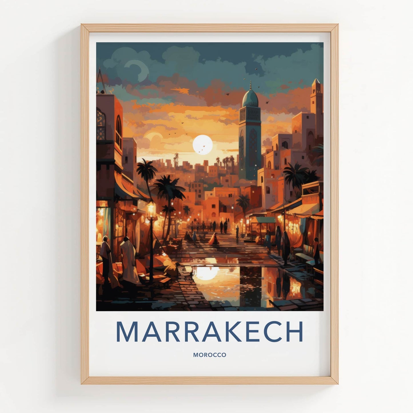 Marrakech Poster - Morocco Travel Art - Vibrant Market Sunset Home Decor