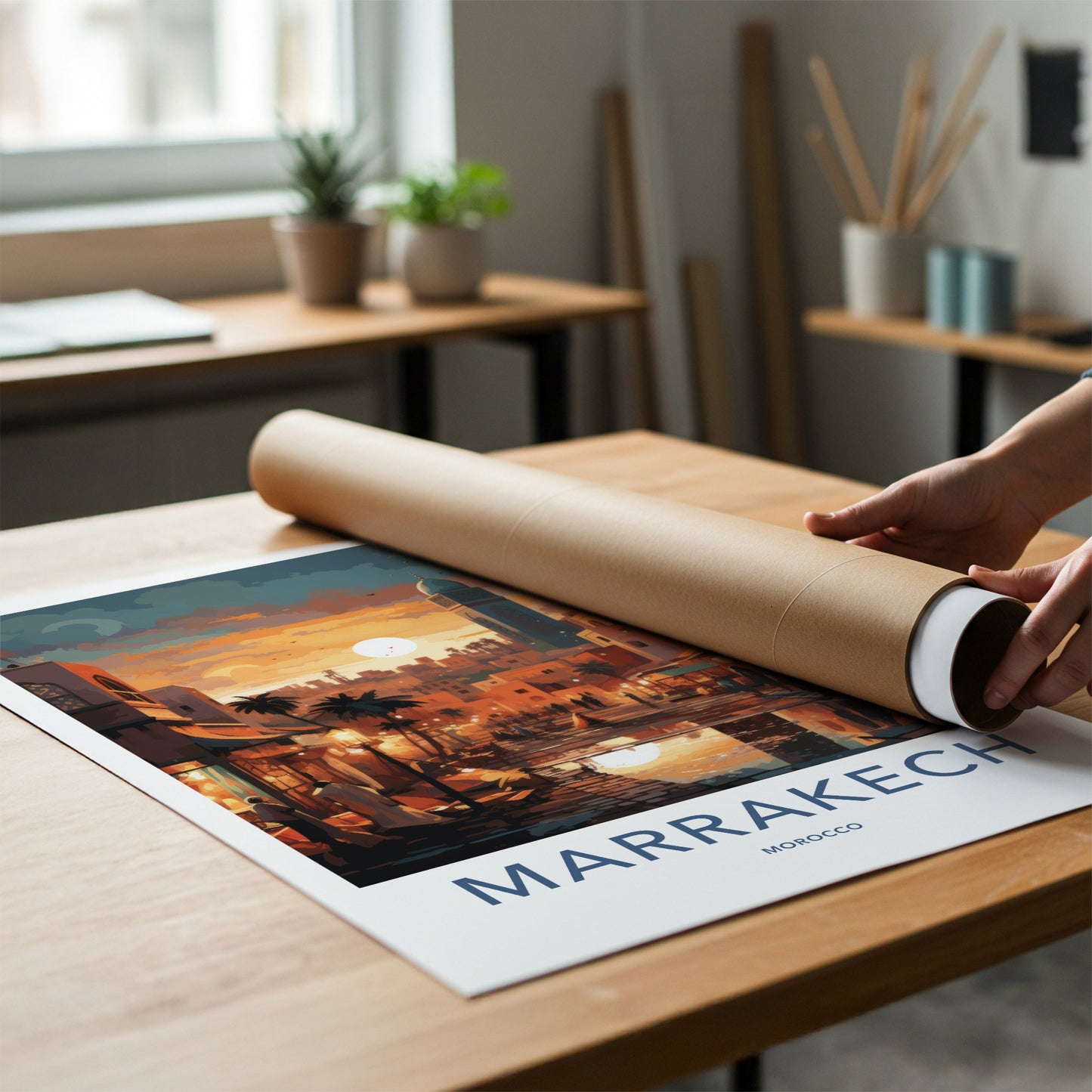 Marrakech Poster - Morocco Travel Art - Vibrant Market Sunset Home Decor