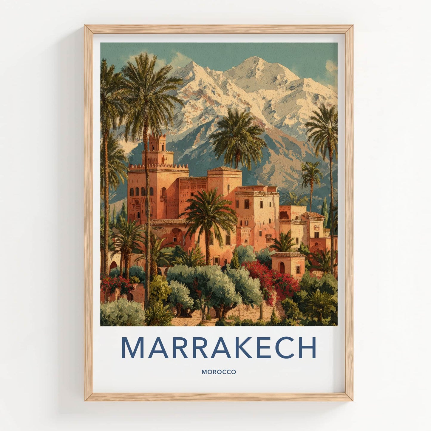 Marrakech Poster - Morocco Travel Print - Palm Tower Mountain Home Decor