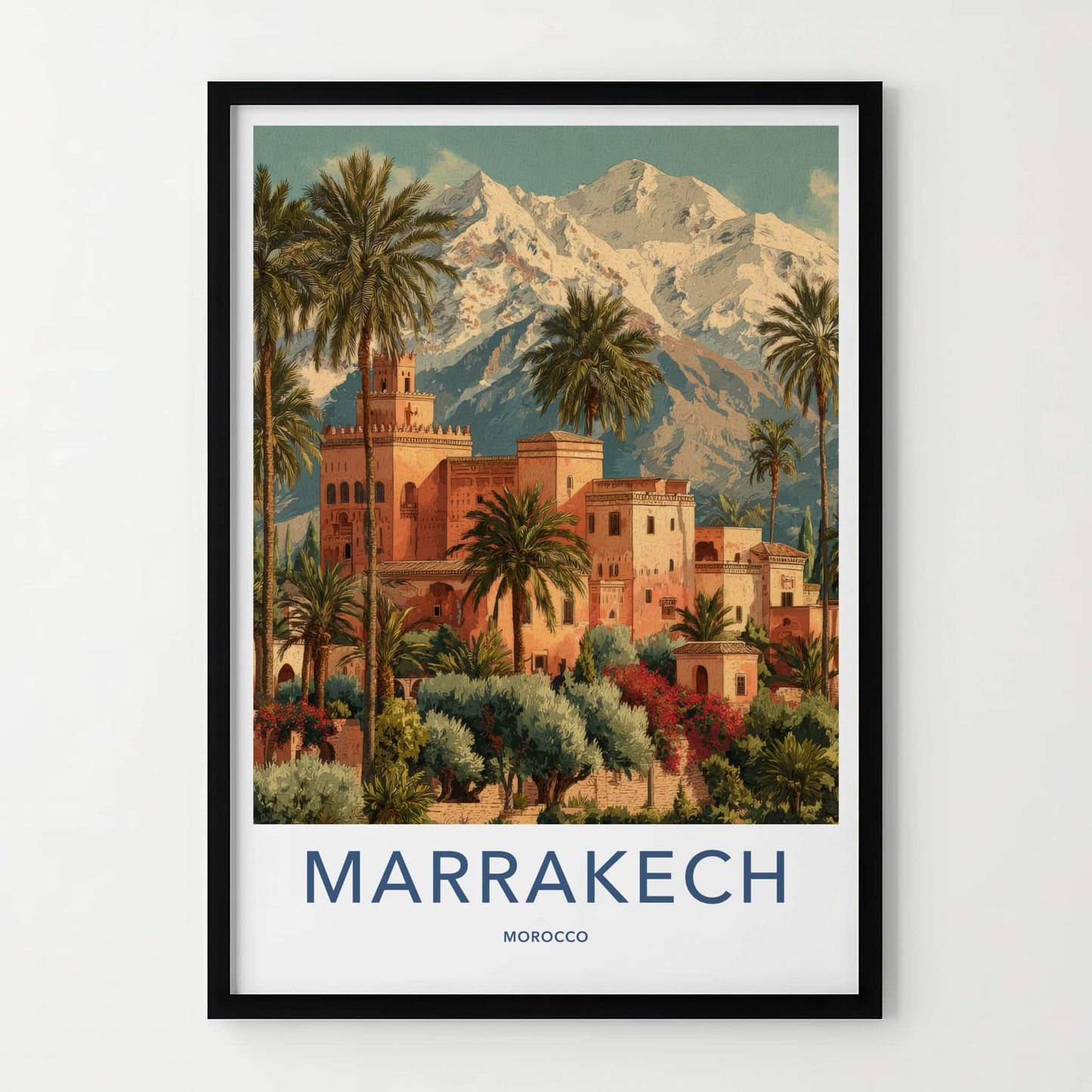 Marrakech Poster - Morocco Travel Print - Palm Tower Mountain Home Decor