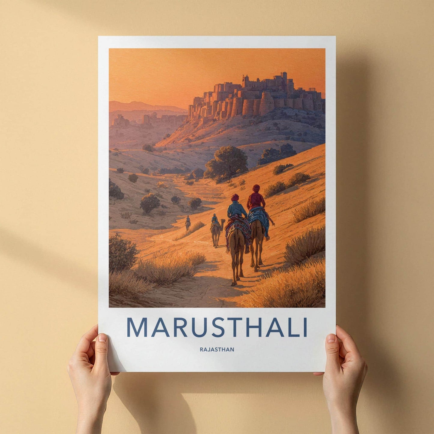 Marusthali Poster - India Travel Art - Rajasthan Camels Fort Home Decor