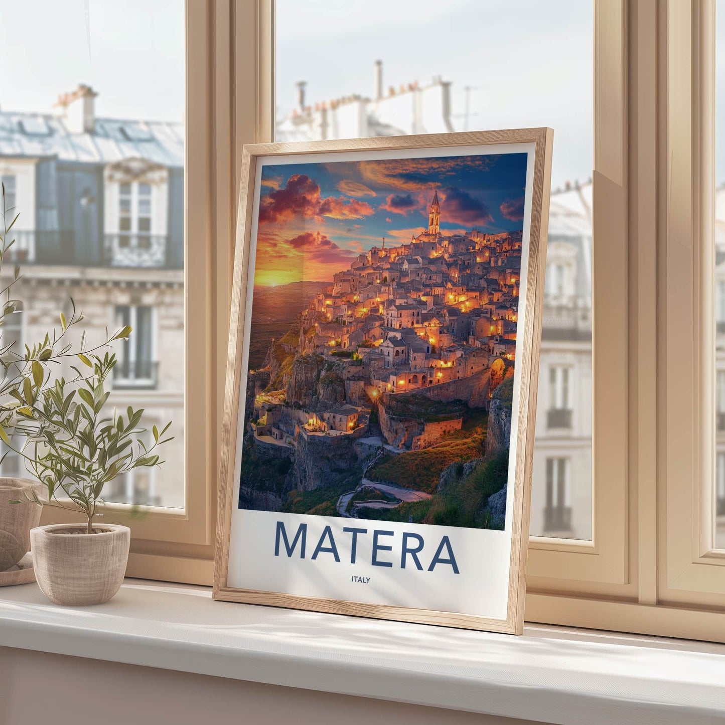 Matera Poster - Italy Framed Print - Illuminated Hillside Town Framed Decor