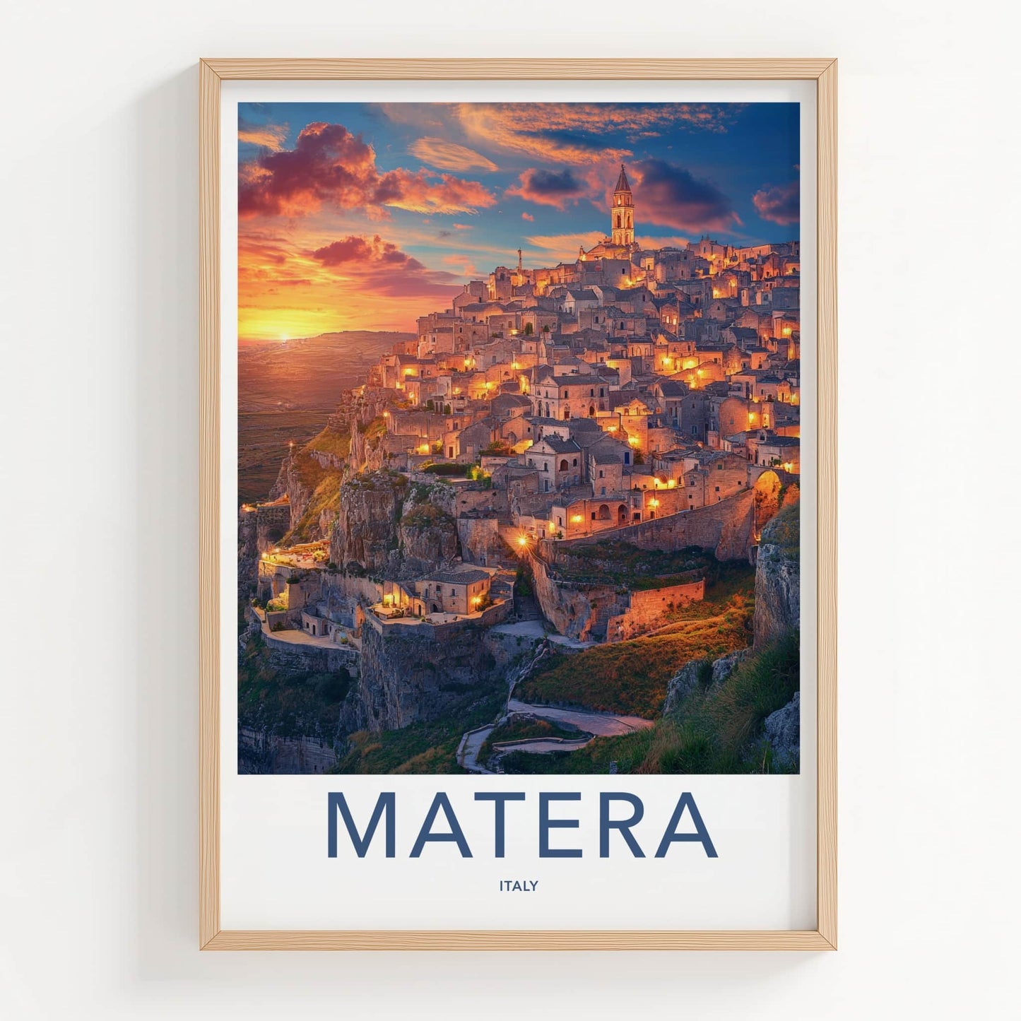 Matera Poster - Italy Framed Print - Illuminated Hillside Town Framed Decor