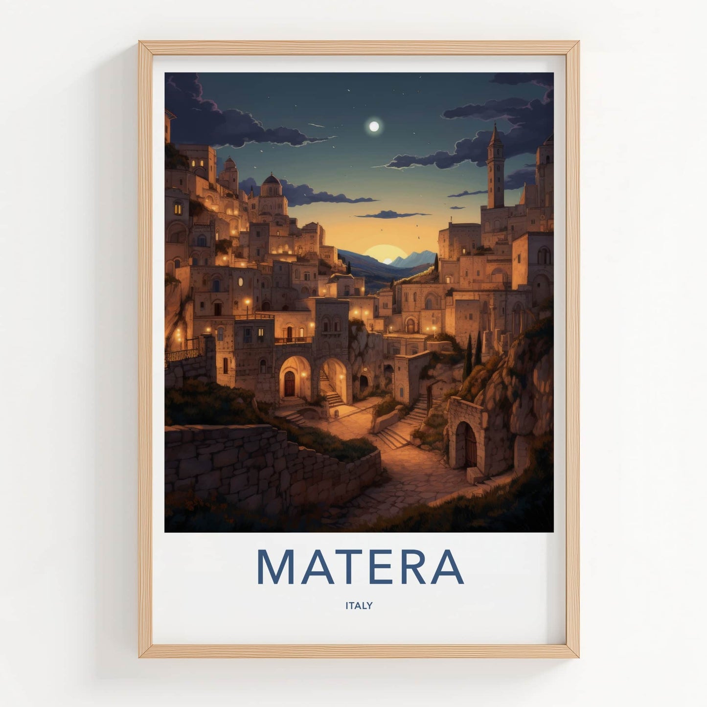 Matera Poster - Italy Travel Art - Hillside Village Twilight Home Decor