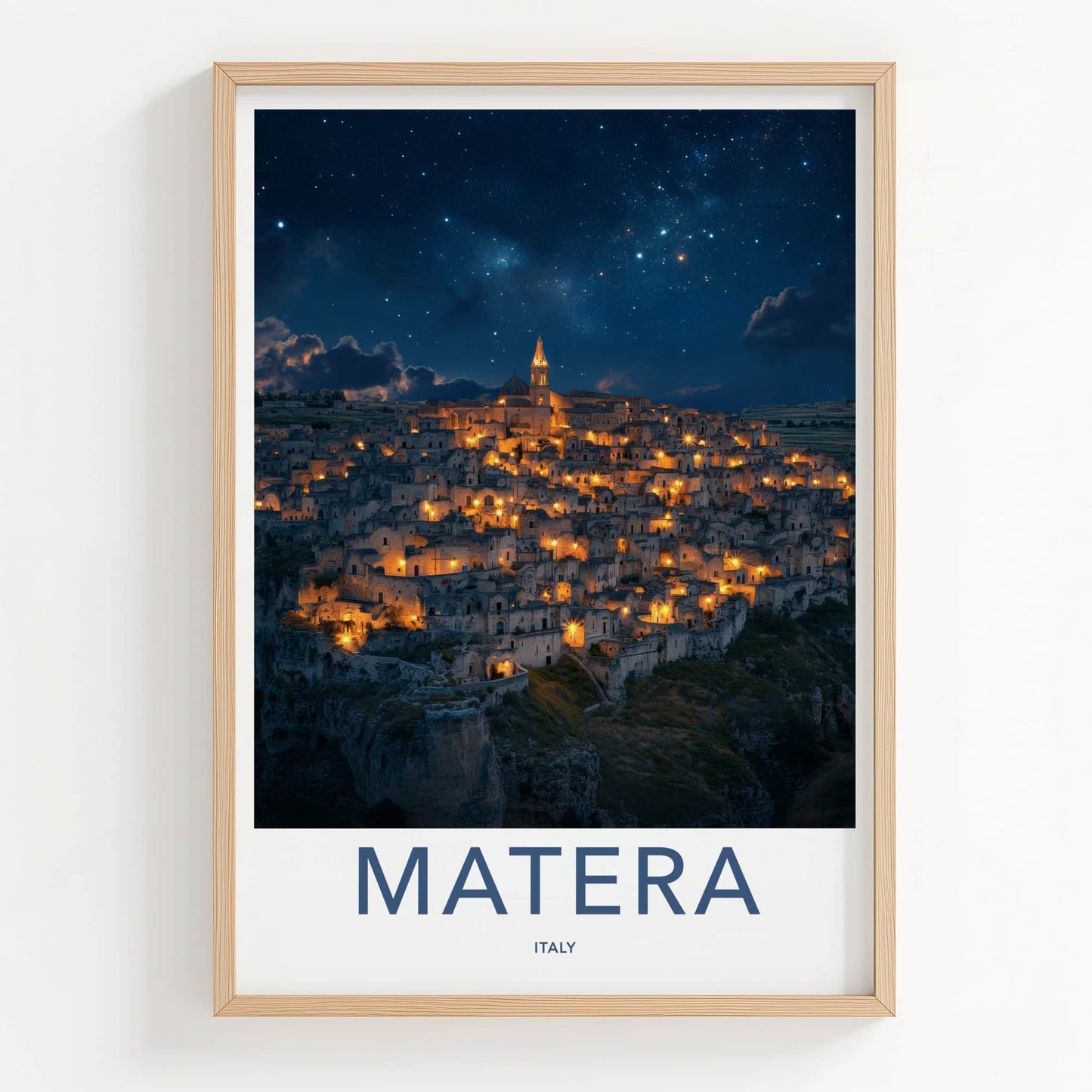 Matera Poster - Italy Travel Art - Illuminated Cave City Home Decor