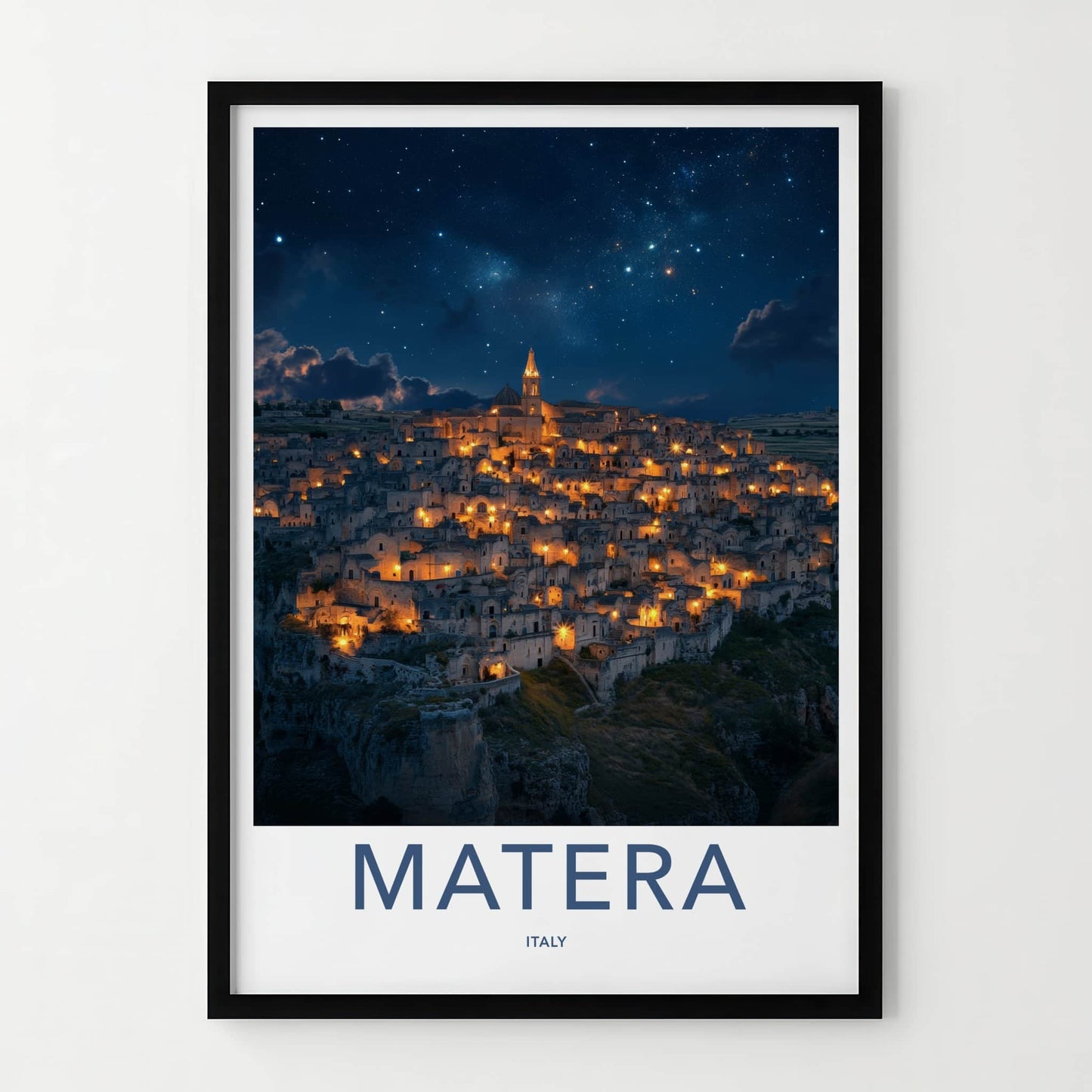 Matera Poster - Italy Travel Art - Illuminated Cave City Home Decor