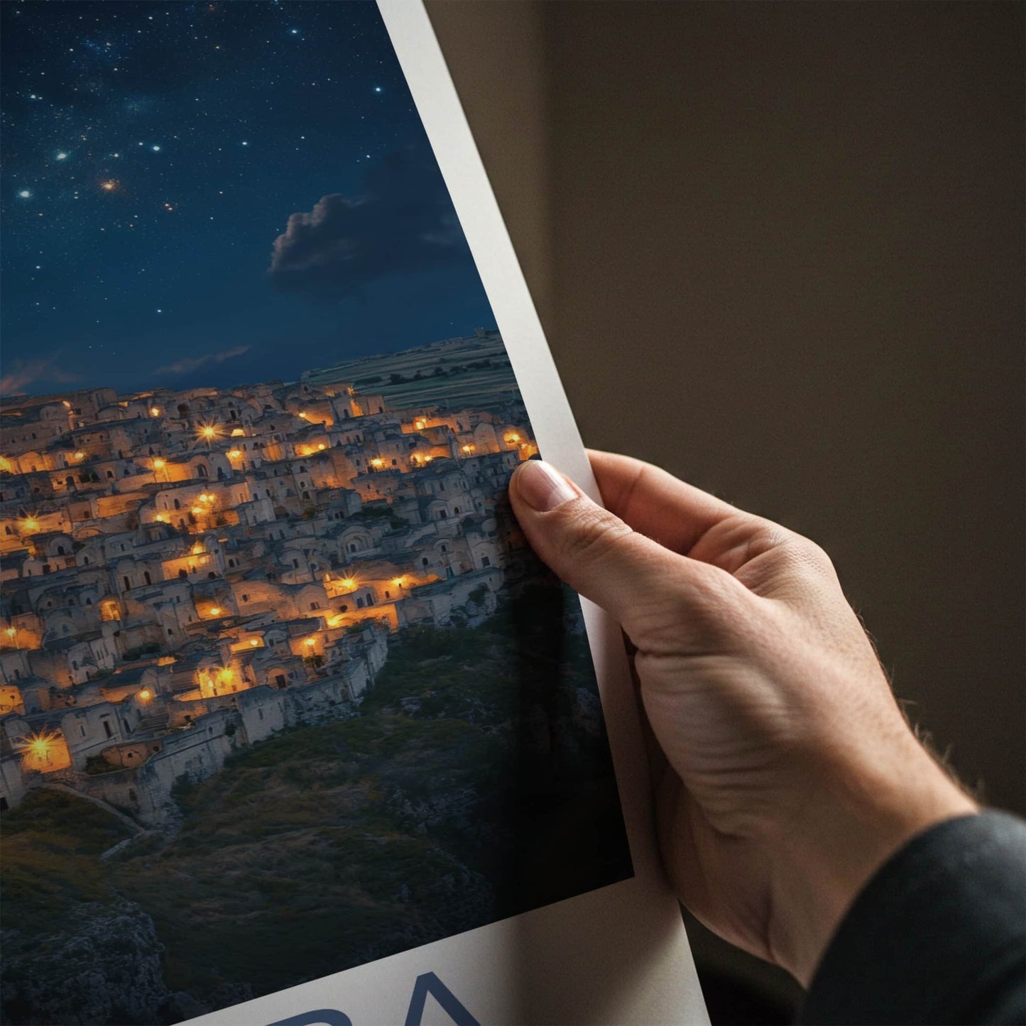 Matera Poster - Italy Travel Art - Illuminated Cave City Home Decor