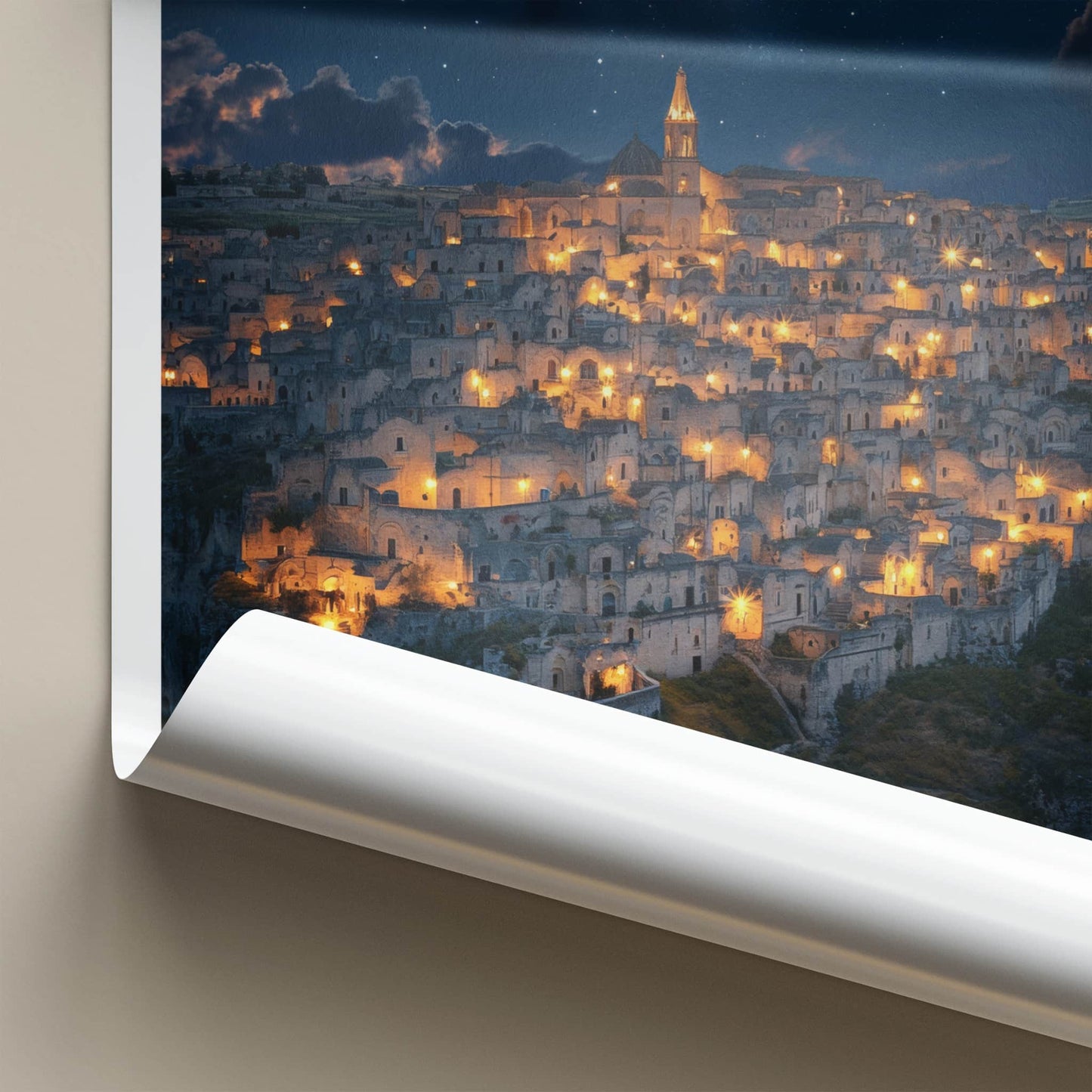 Matera Poster - Italy Travel Art - Illuminated Cave City Home Decor