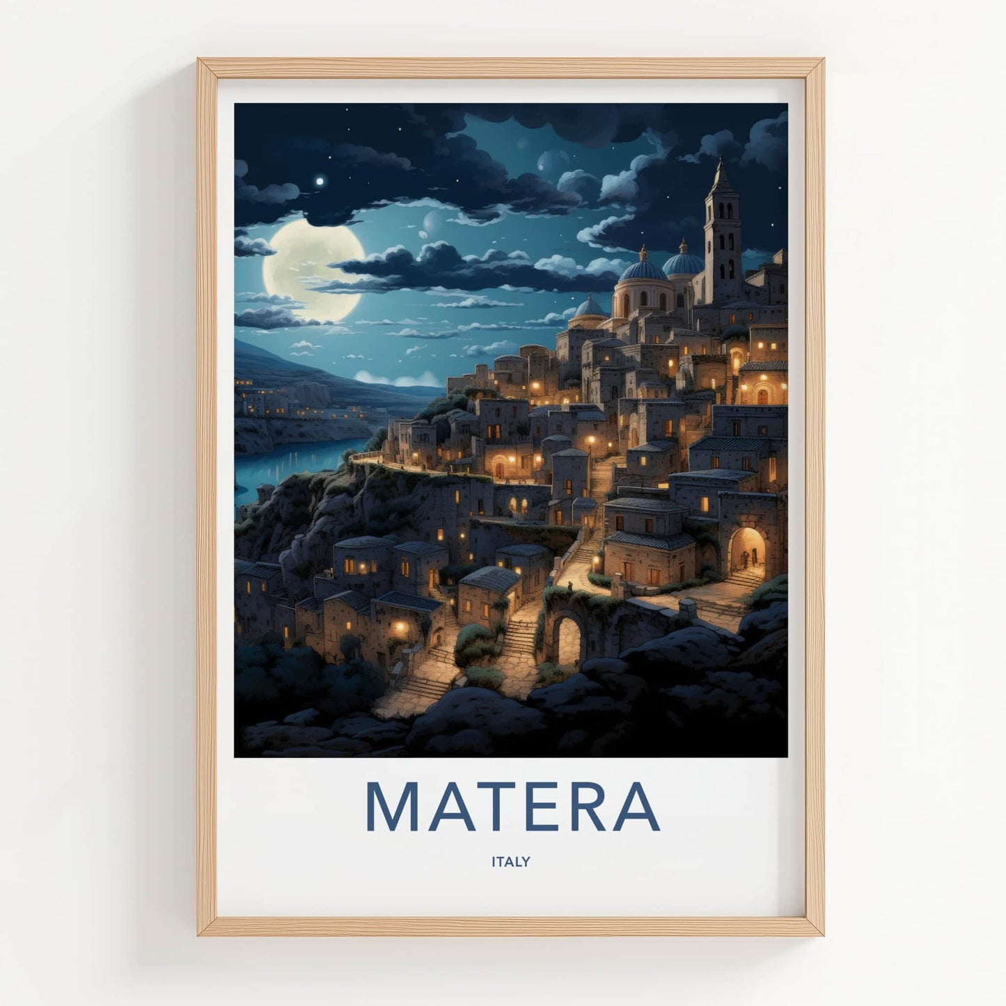 Matera Poster - Italy Travel Art - Moonlit Ancient City Home Decor